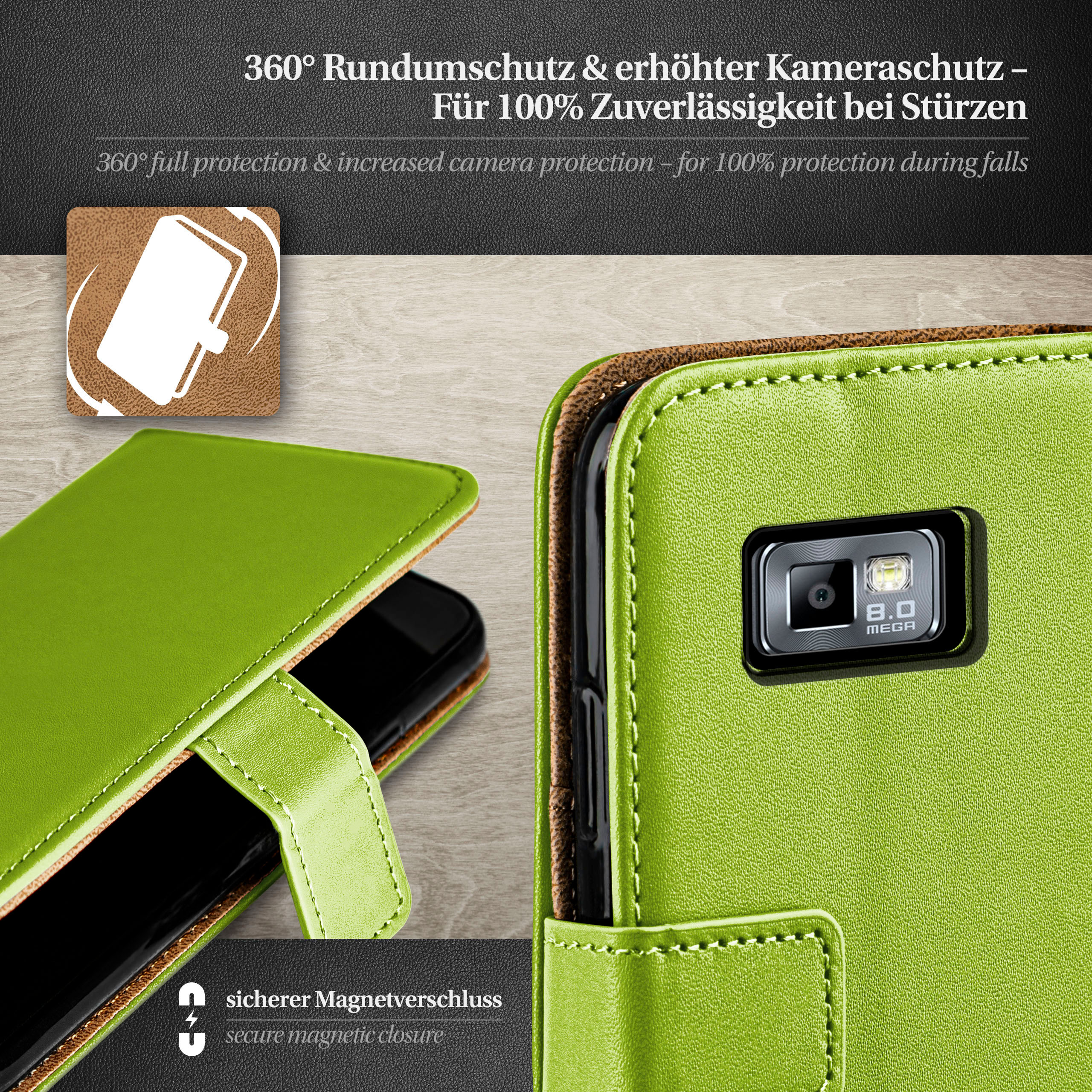 Grüne Handyhülle mit Telefon darin, Nahaufnahme.