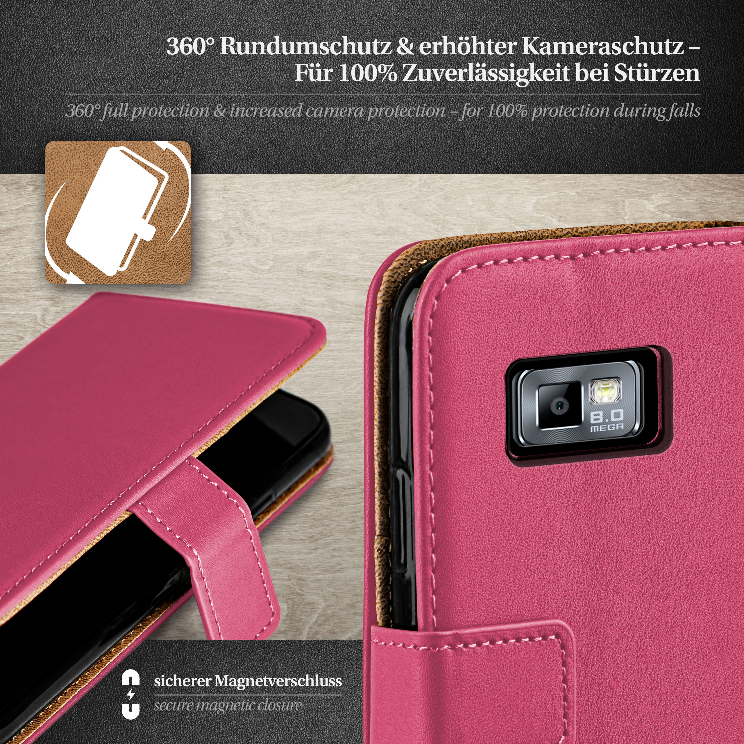 Geöffnete, pinke Handyhülle mit Handy, Text und Symbolen im Bild.