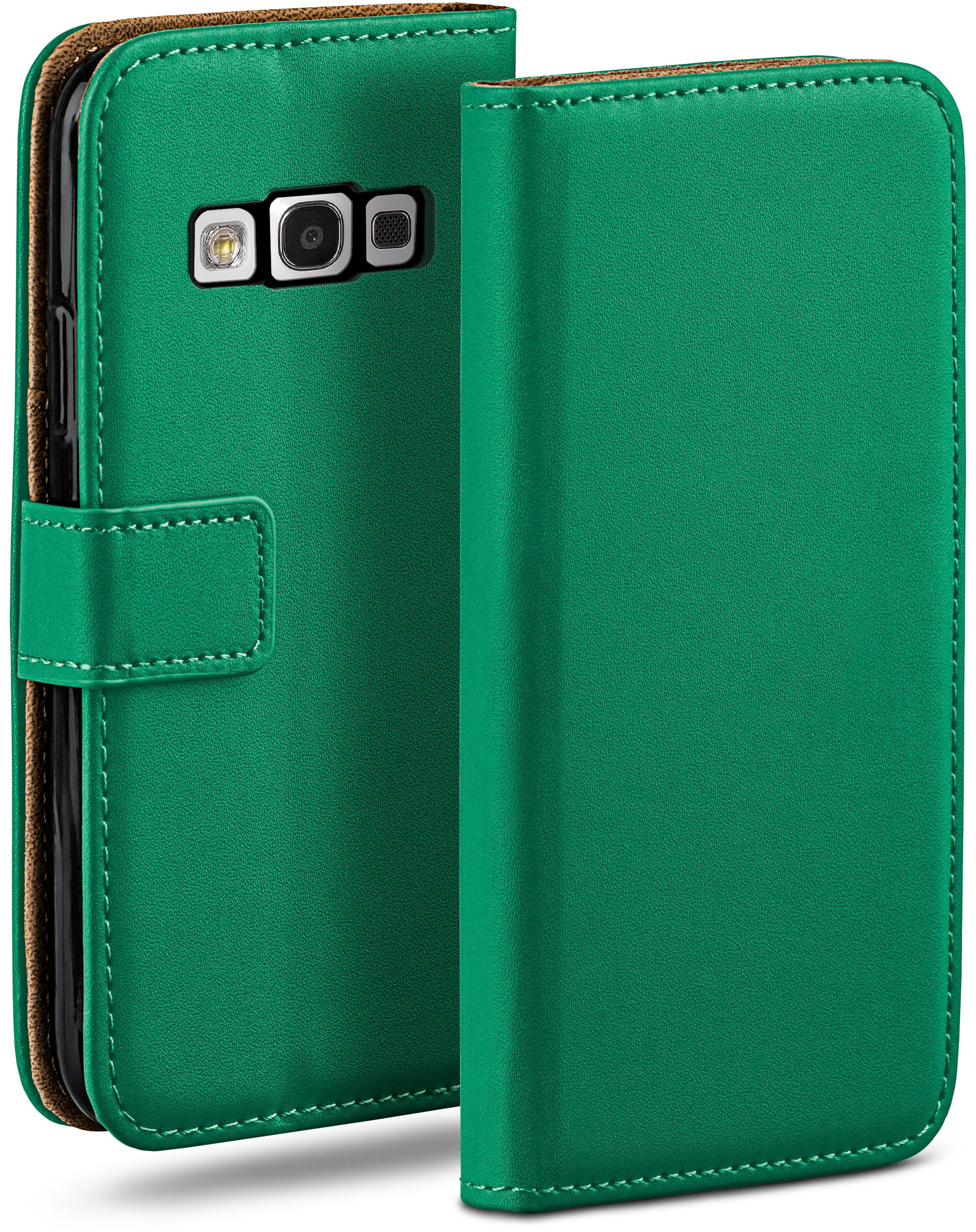 Grüne Handyhülle geöffnet, zeigt ein Telefon. Es hat einen Magnetverschluss.