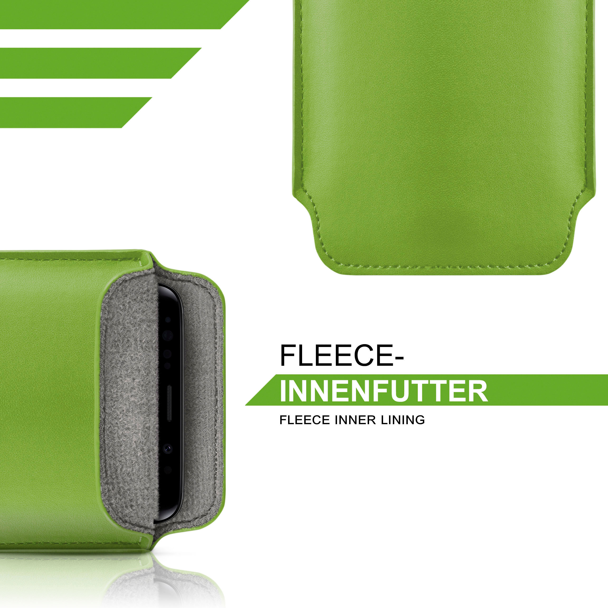 Grüne Handyhülle mit Fleece-Futter. Text: FLEECE-INNENFUTTER, bedeutet Fleece-Innenfutter.
