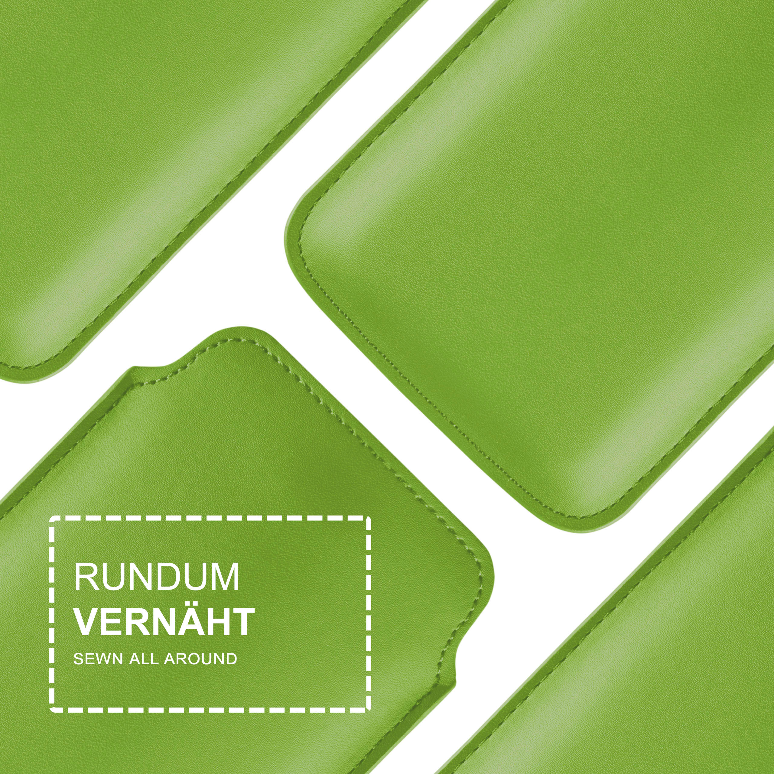 Nahaufnahme von grünen Lederquadraten, Text 'Rundum vernäht / sewn all around' in einem Kasten.