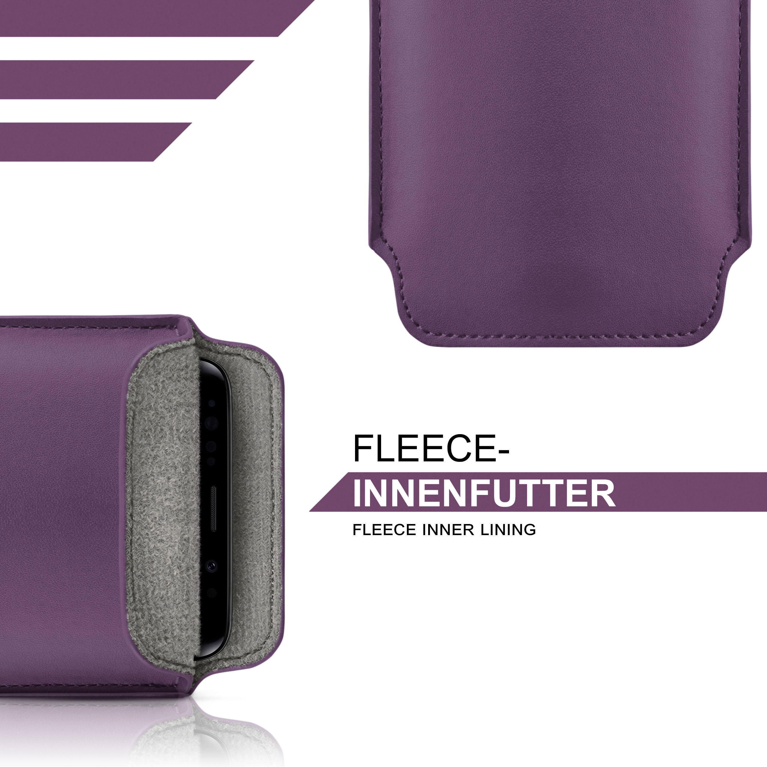 Lila Handyhülle mit Telefon, mit grauem Fleece-Innenfutter. Text: 'Fleece-Innenfutter'.