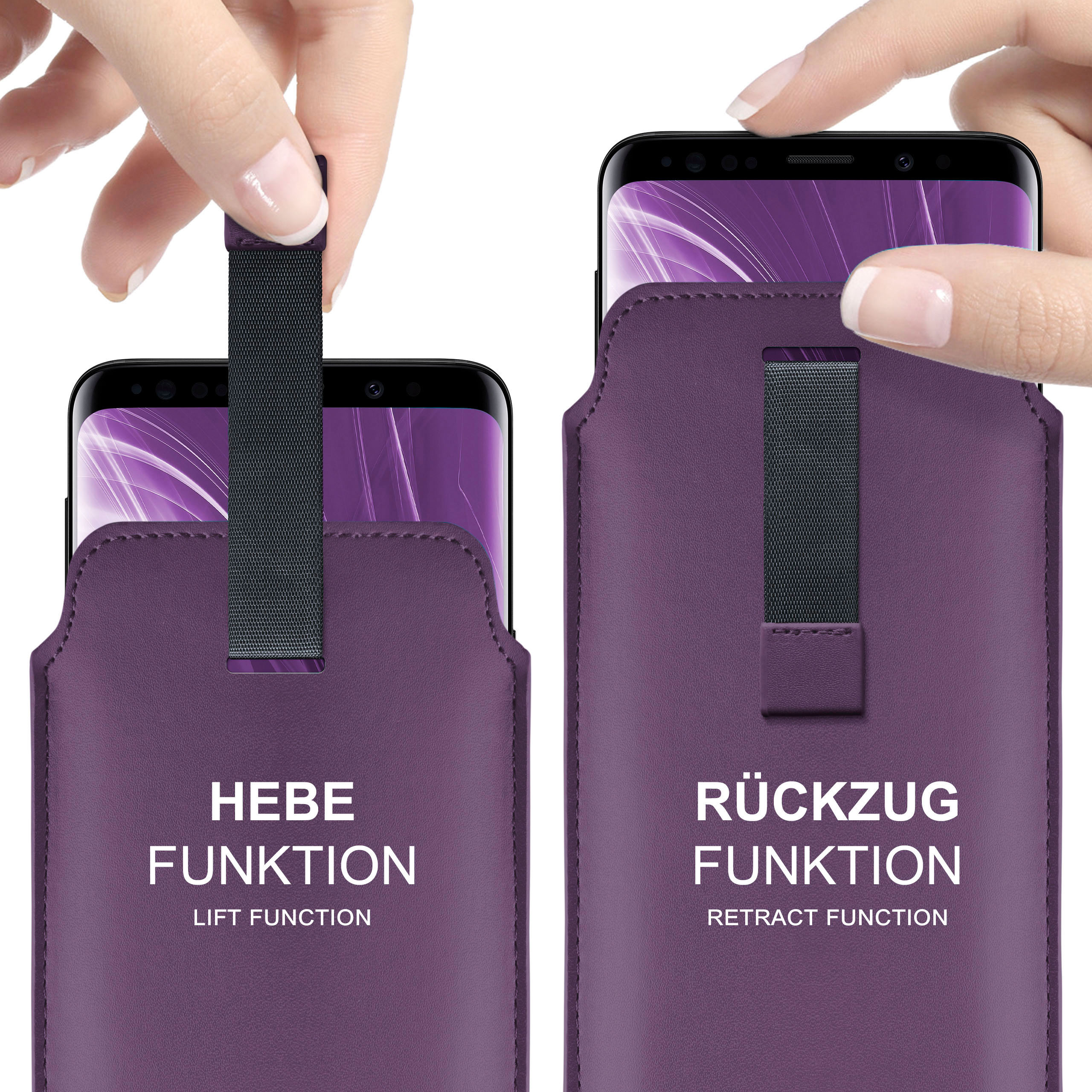 Hände halten Telefone in schwarzen und lila Handyhüllen mit den Etiketten 'HEBE' und 'RÜCKZUG'.