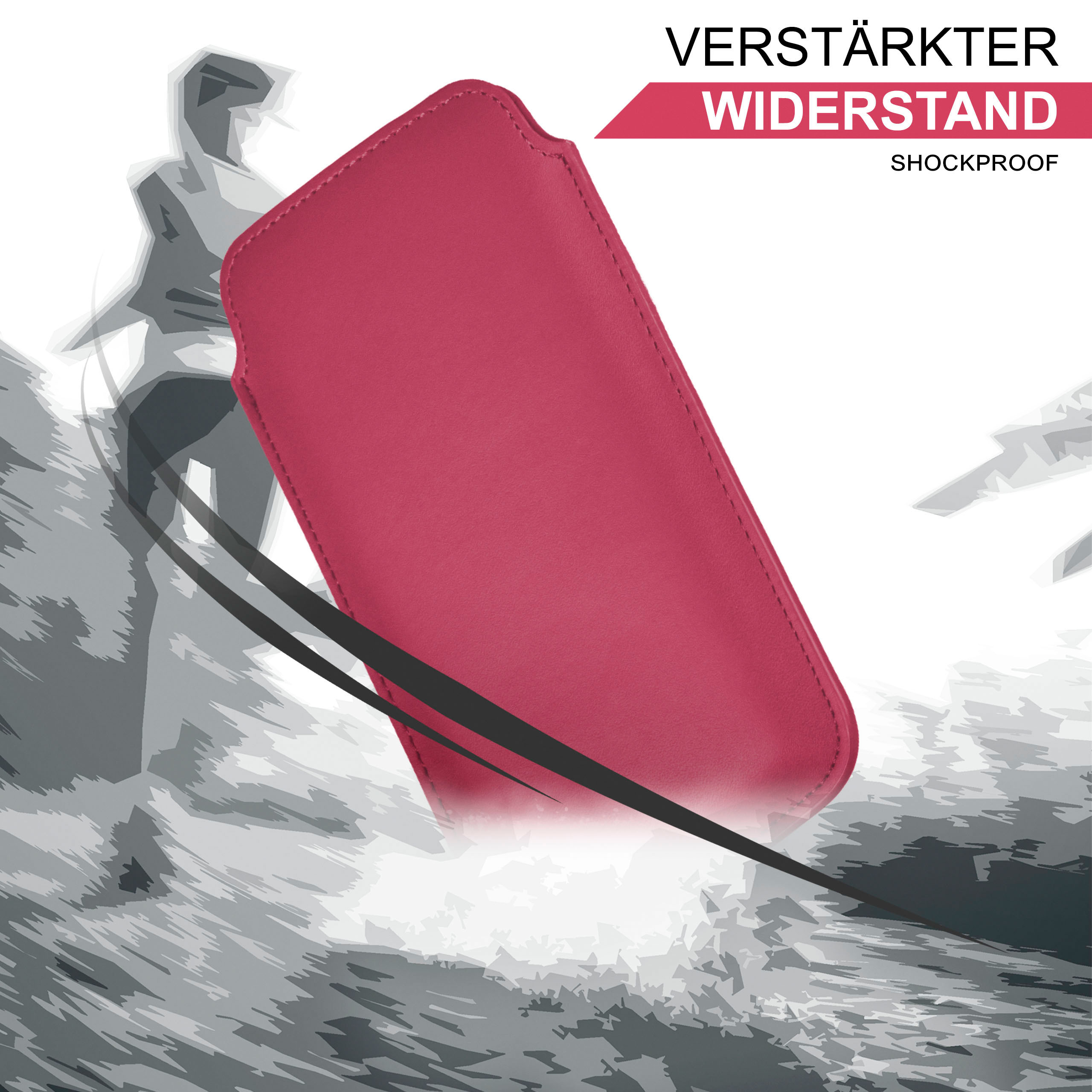 Eine pinke Handyhülle mit Text 'VERSTÄRKTER WIDERSTAND'. Hintergrund zeigt eine verschwommene Figur und Wellen.