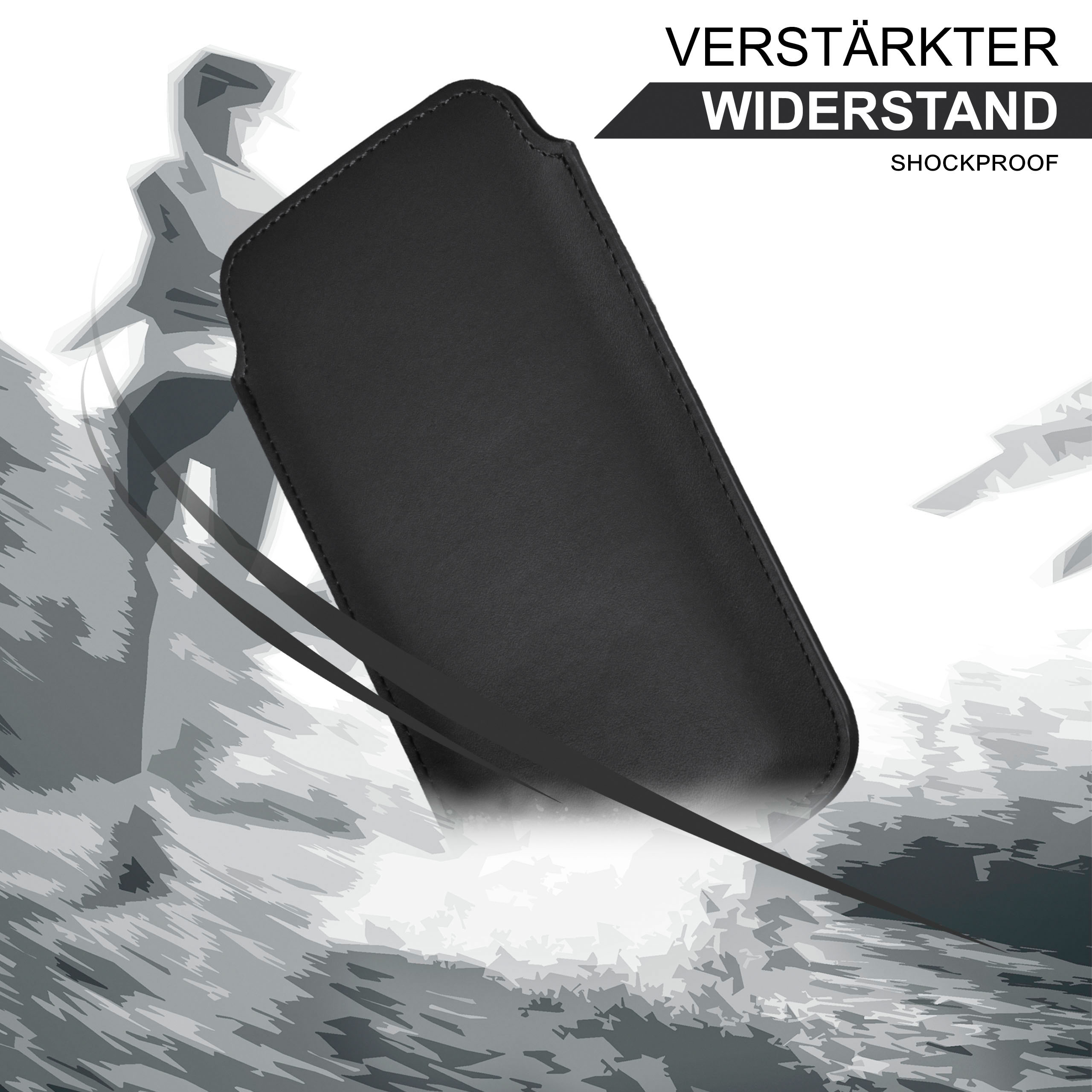 Schwarze Handyhülle mit verstärktem Widerstand, vor einem wasserähnlichen Hintergrund dargestellt.
