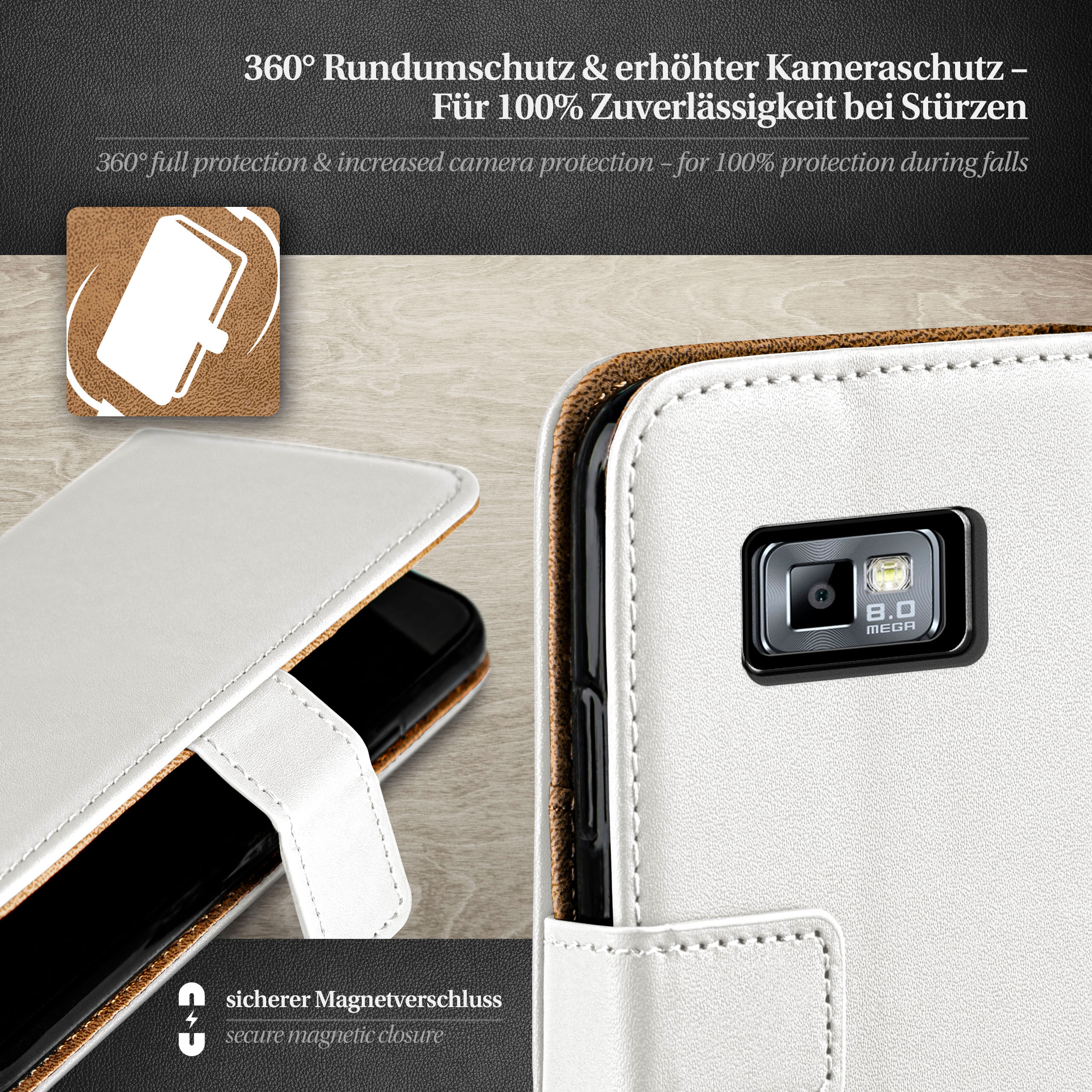Eine weiße Handyhülle offen, zeigt ein schwarzes Telefon innen und Nahaufnahme der Kamera.
