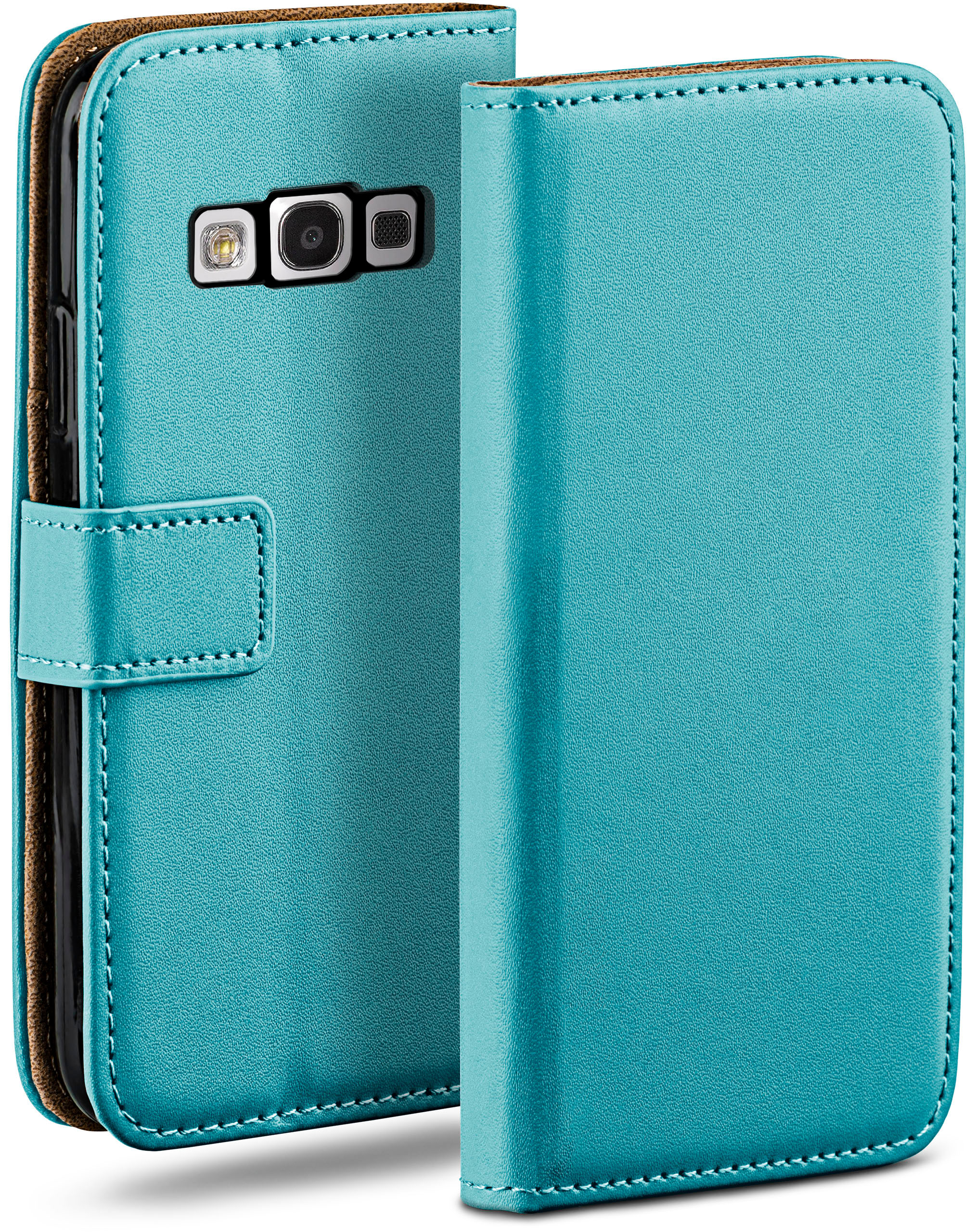 Türkise Handyhülle offen, Leder, mit Knopfverschluss. Telefon mit Kamera sichtbar.