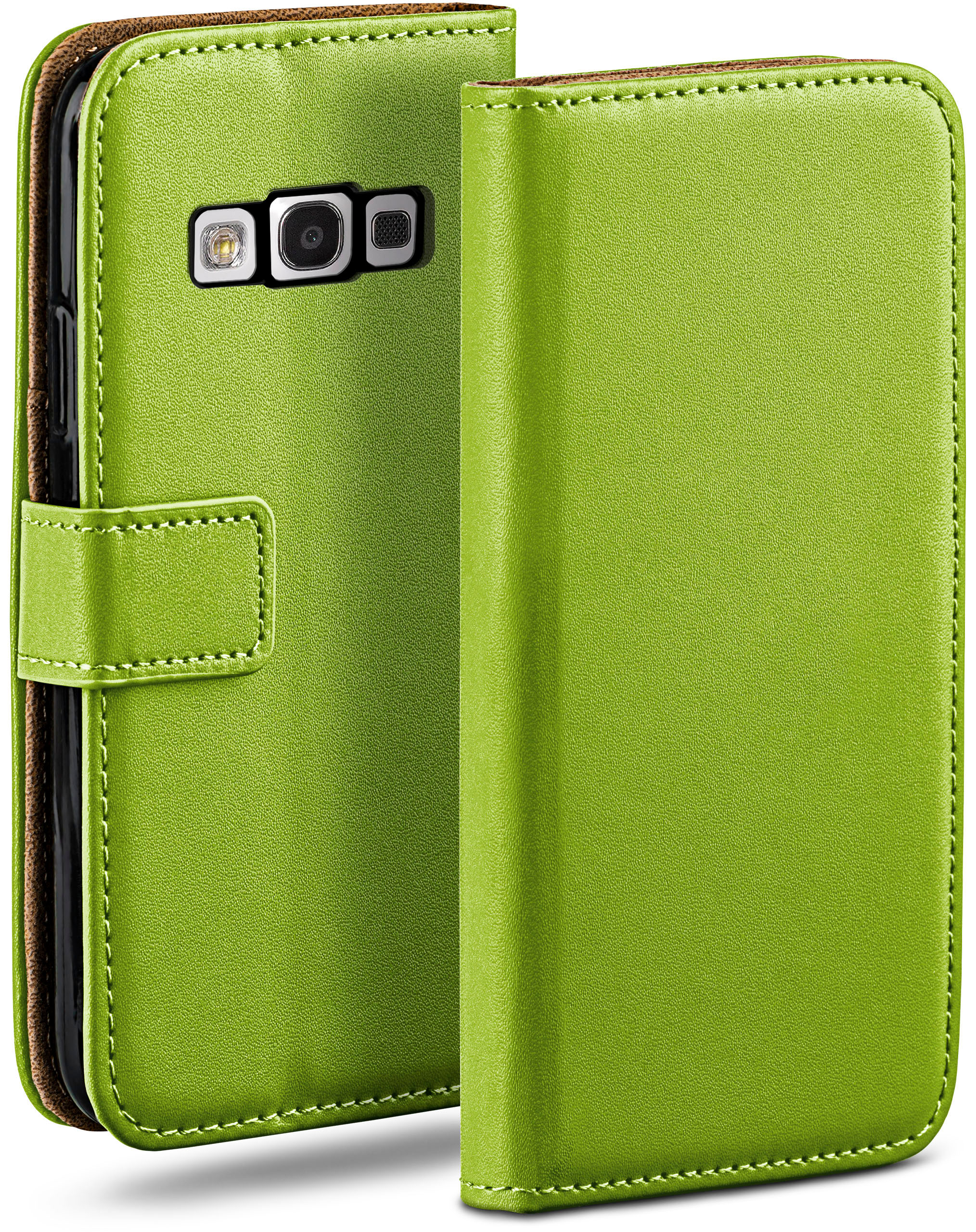 Eine grüne Handyhülle, offen, um das Telefon zu zeigen. Es ist lederartig, mit Kameraausschnitt.