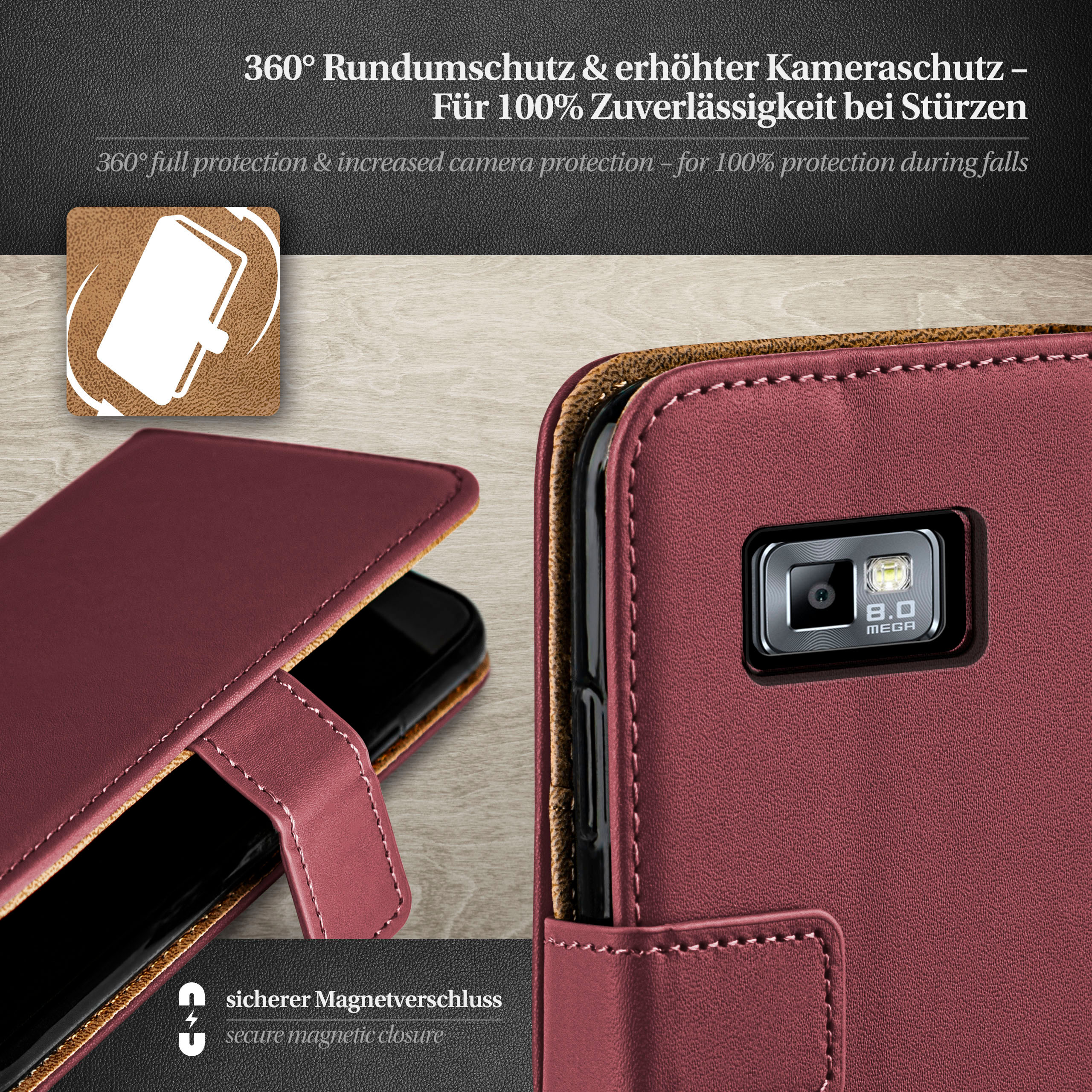Eine weinrote Handyhülle mit einem schwarzen Telefon im Inneren, das die Kamera zeigt.