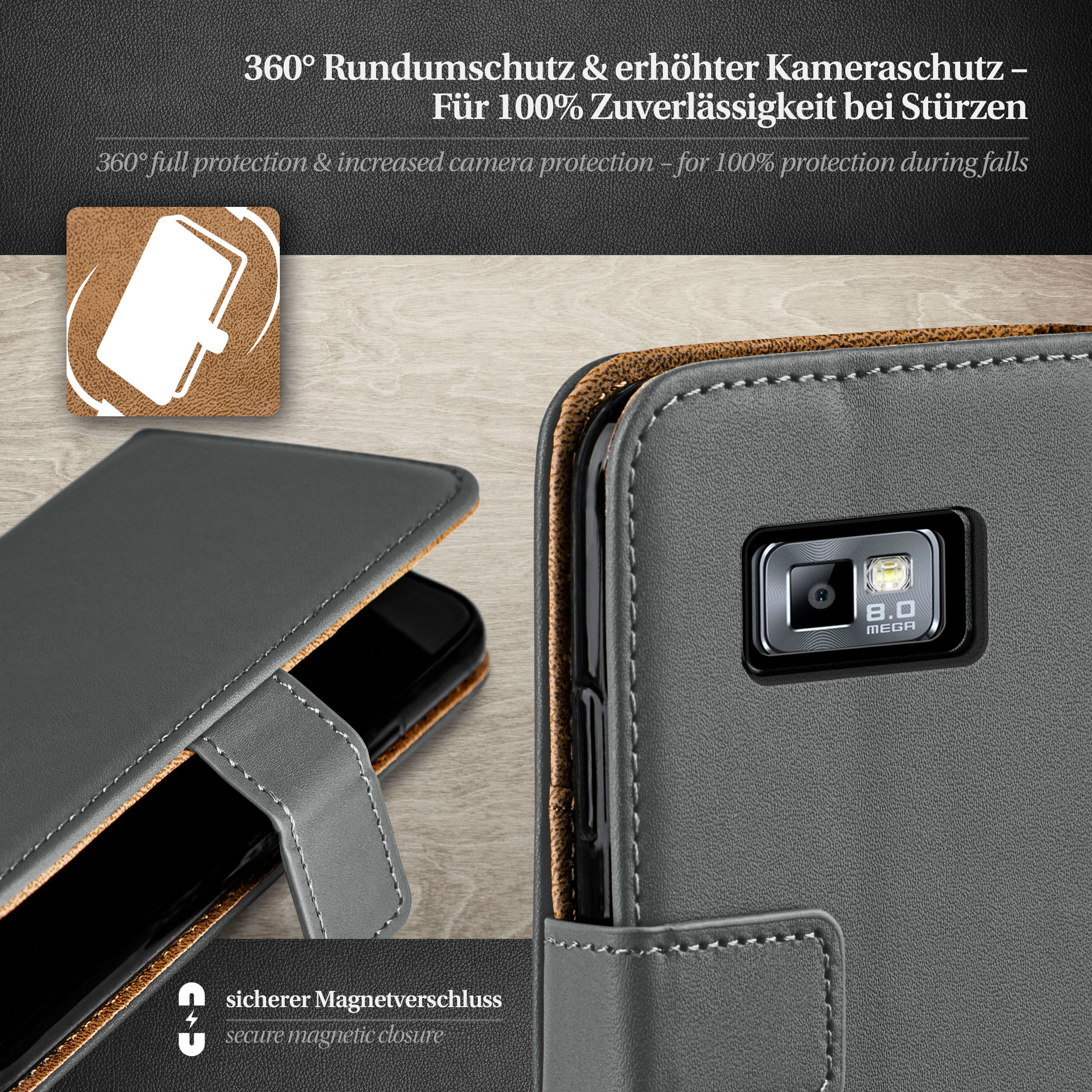Graue Handyhülle, die geöffnet ist, um ein Telefon zu zeigen, mit sichtbarer Kamera.