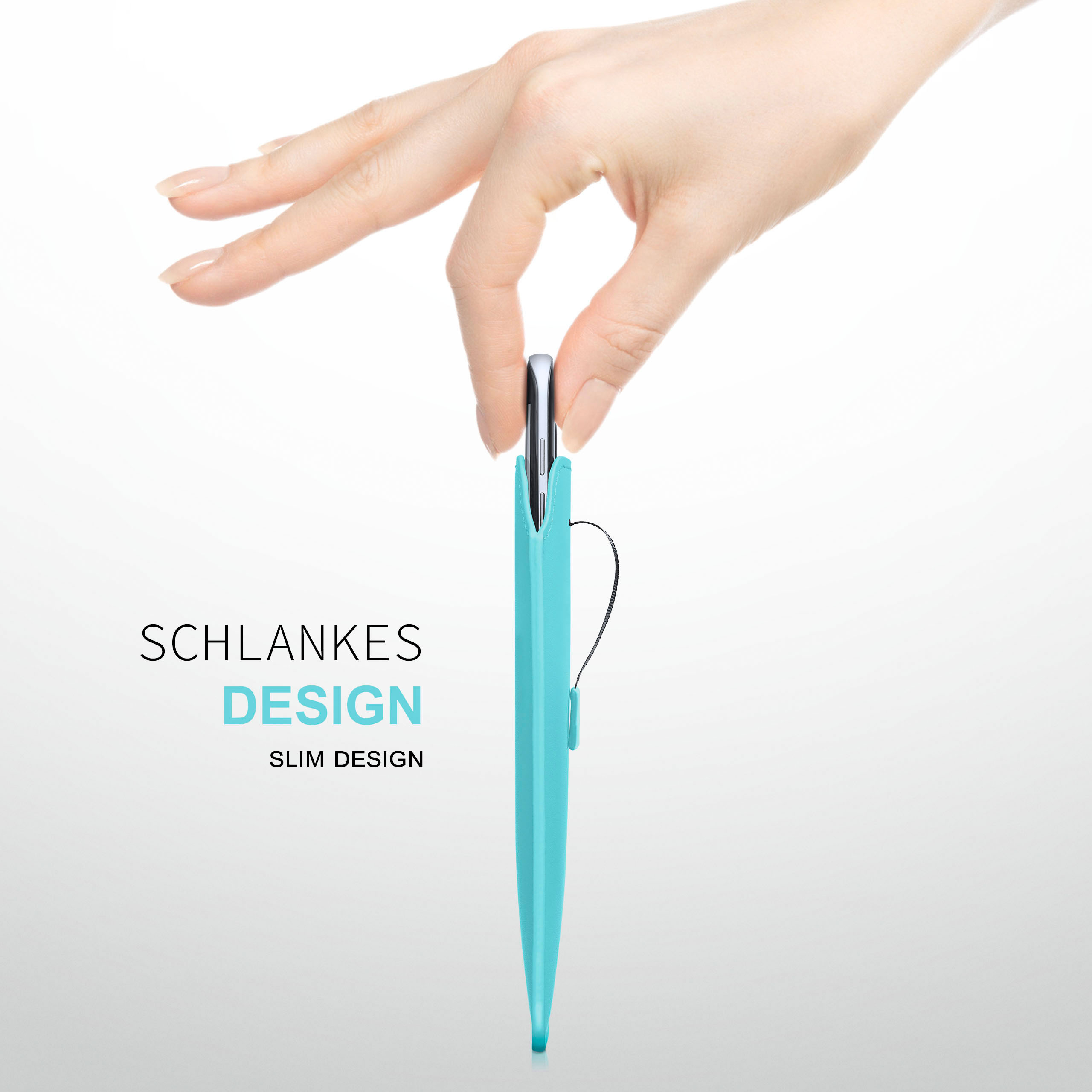 Hand hält einen blauen Stift mit schlankem Design.