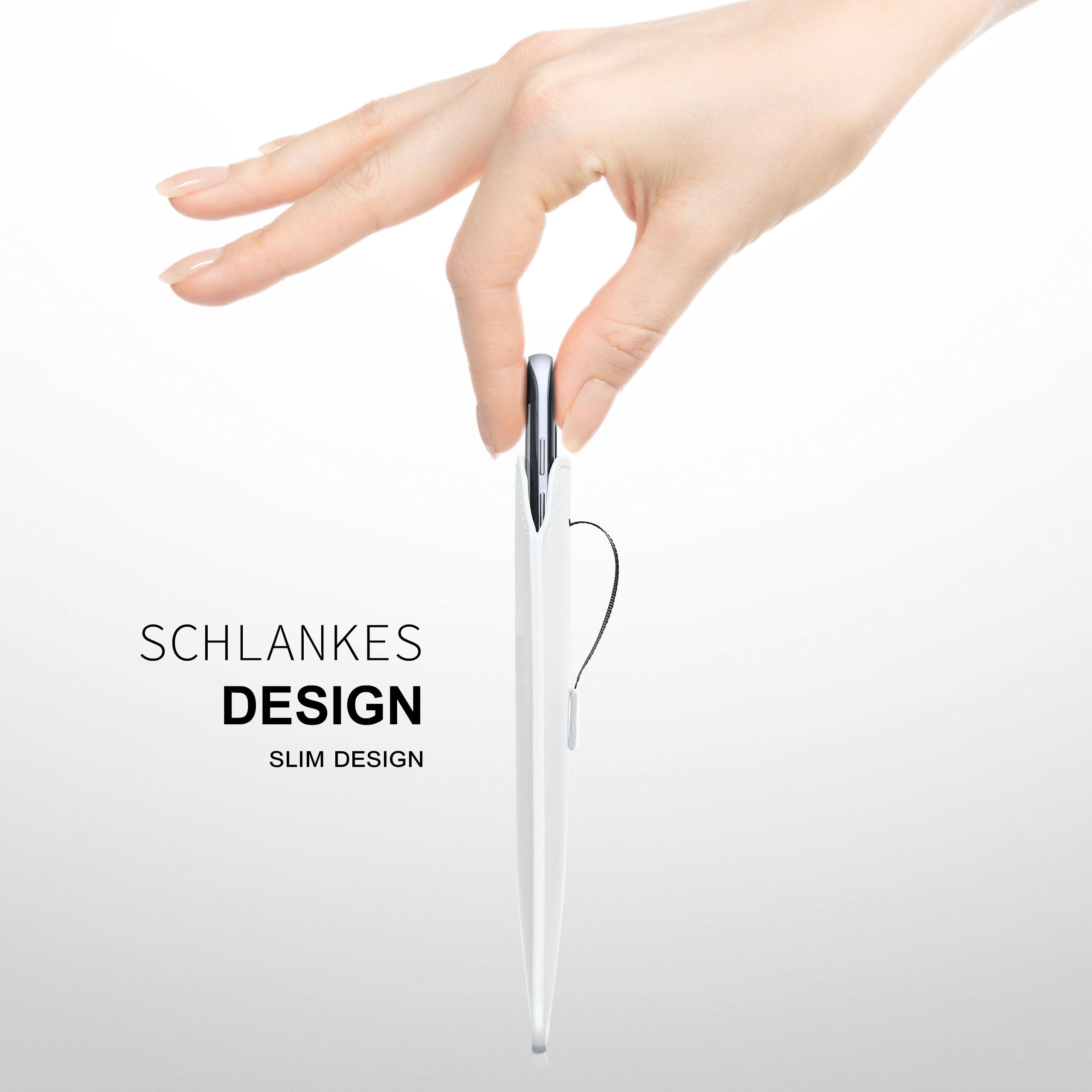 Eine Hand hält einen weißen Stift mit schlankem Design. Text links: Schlankes Design.