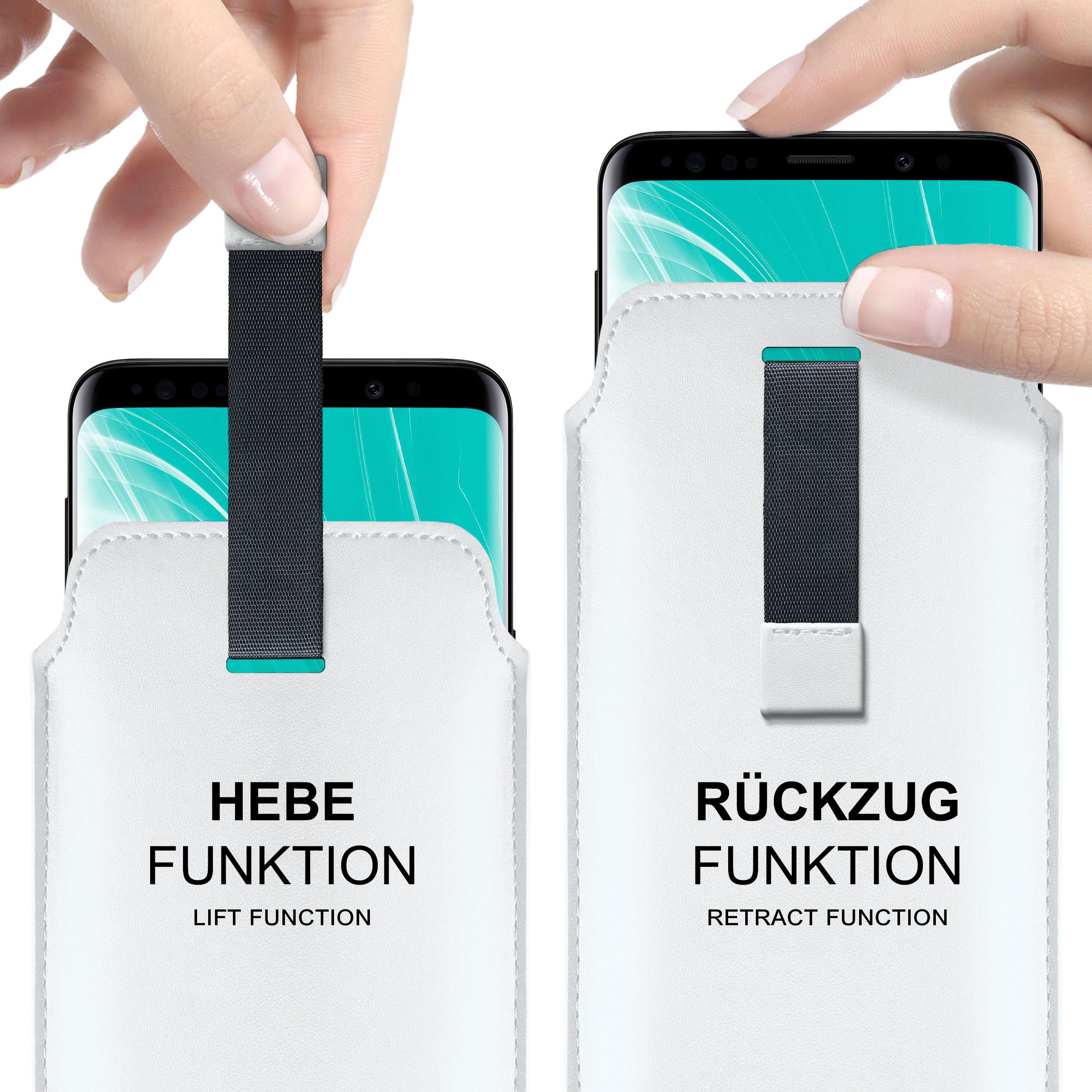 Hände zeigen Hebe- und Rückziehfunktionen einer Smartphone-Hülle in Weiß und Schwarz.