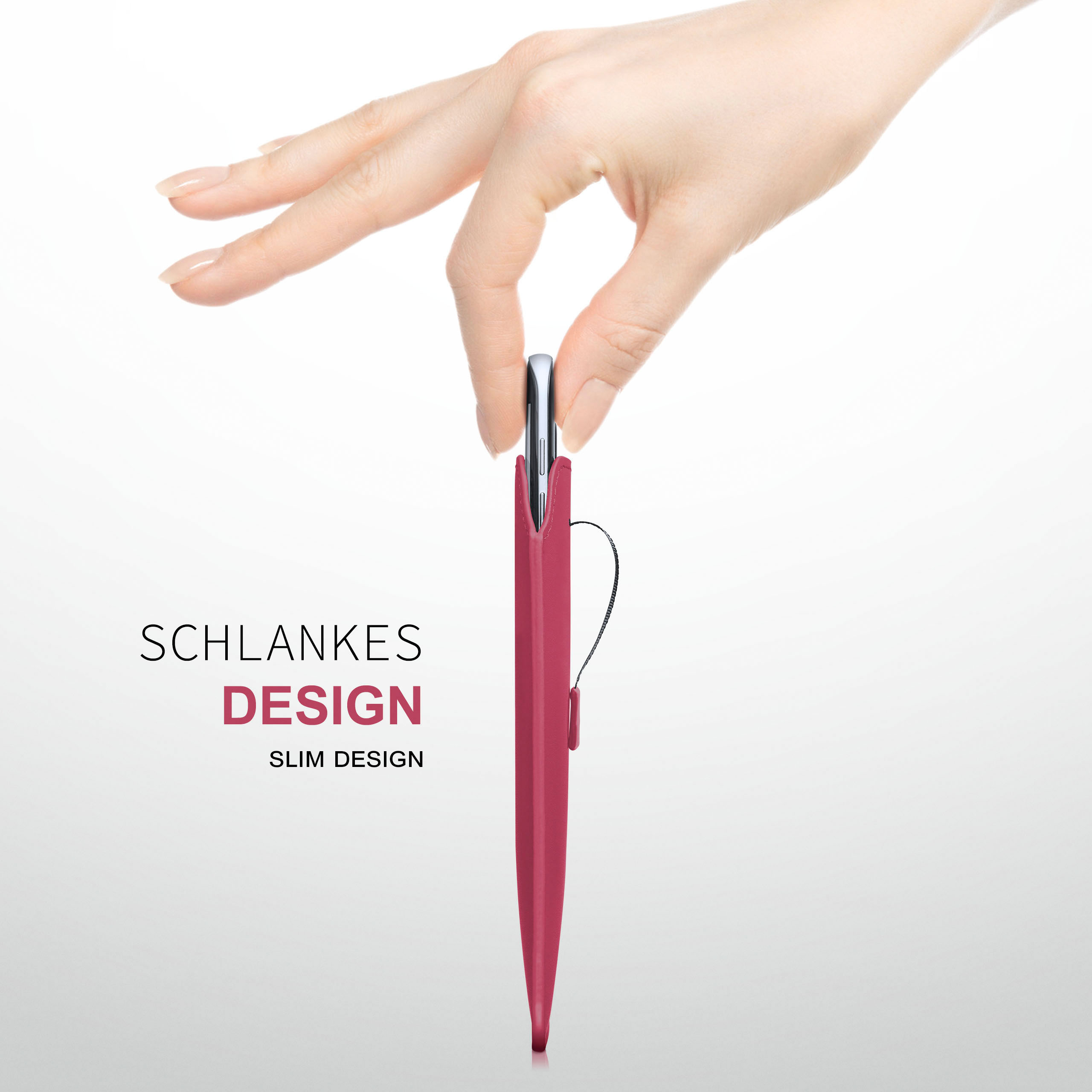 Eine Hand hält eine rote Handyhülle. Der Text lautet: SLIM DESIGN.