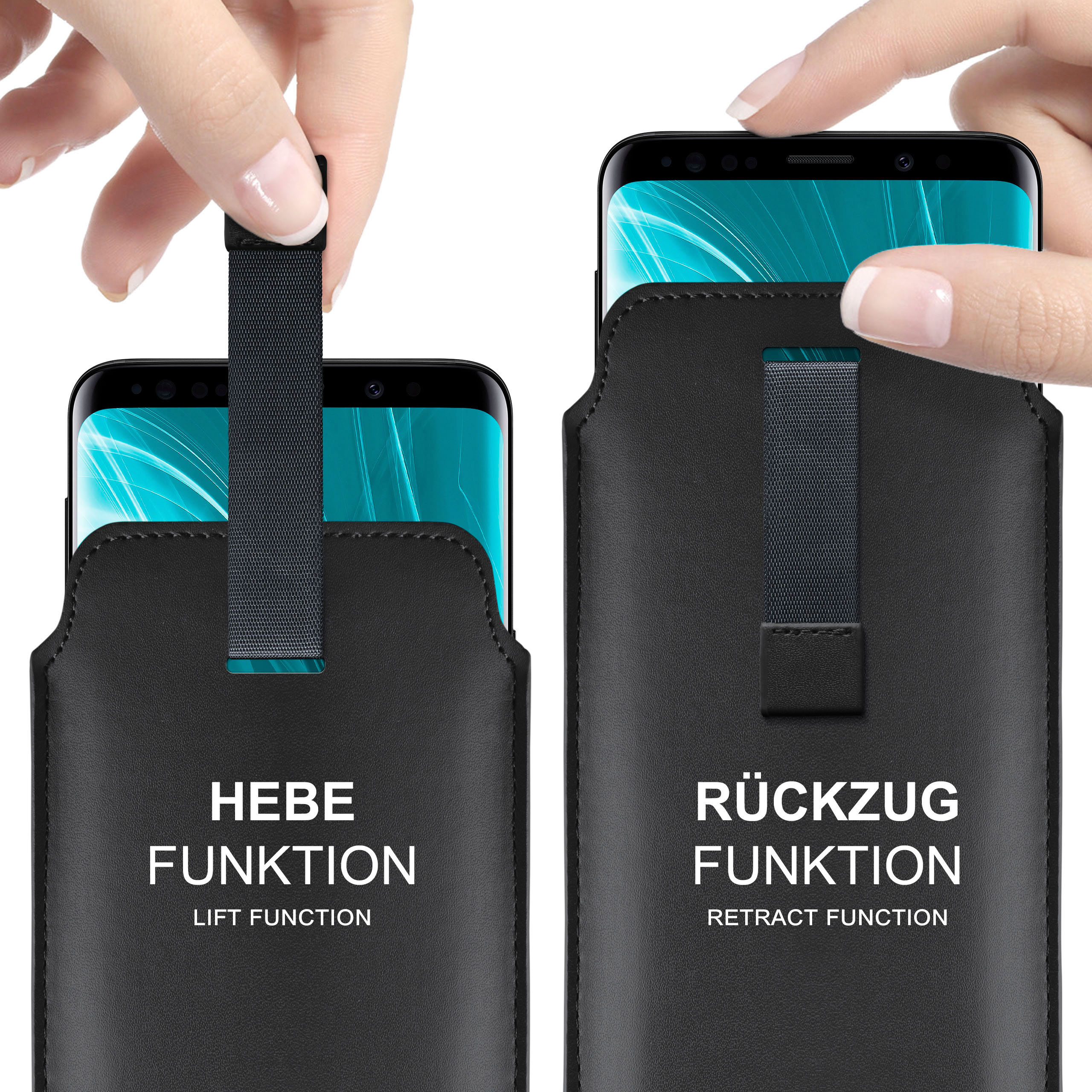 Hände halten Telefone in schwarzen Handyhüllen. Text sagt 'Lift Funktion' und 'Retract Funktion'.