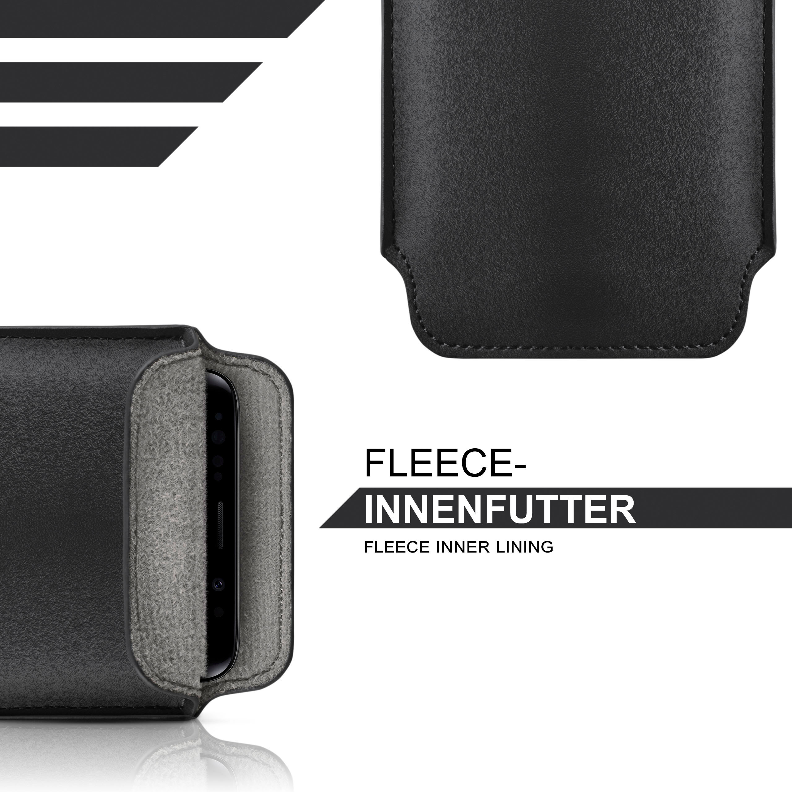 Nahaufnahme einer schwarzen Handyhülle mit grauem Fleece-Innenfutter. Text: 'Fleece-Innenfutter'.