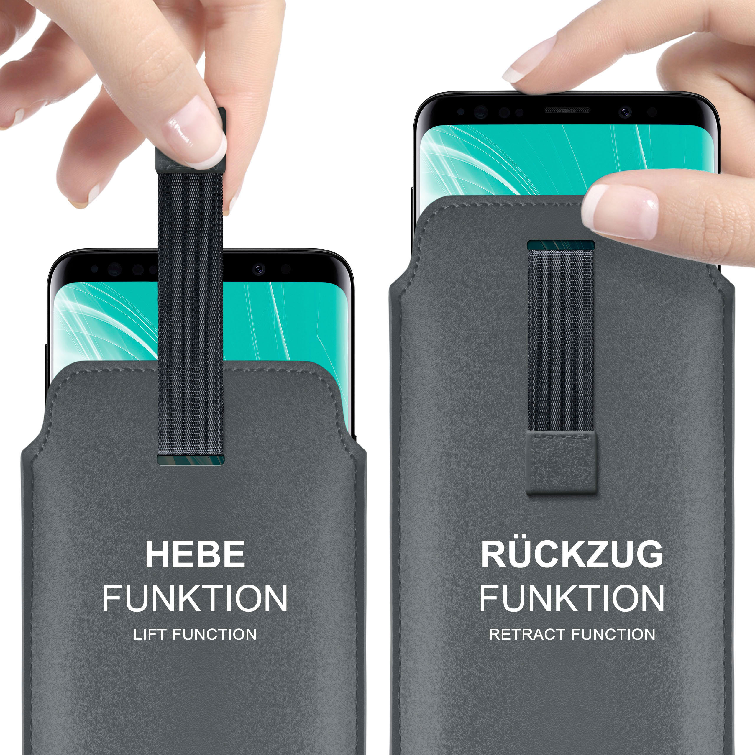 Zwei Telefone in grauen Hüllen, die Hebe- und Rückzugsfunktionen zeigen.