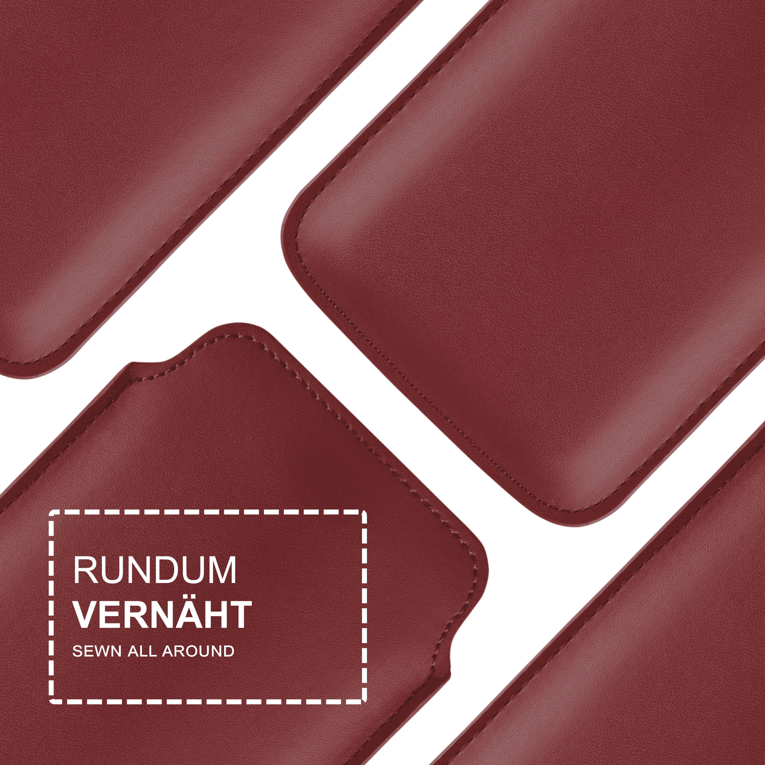 Nahaufnahme von weinroten Handyhüllen. Der Text lautet: RUNDUM VERNÄHT.