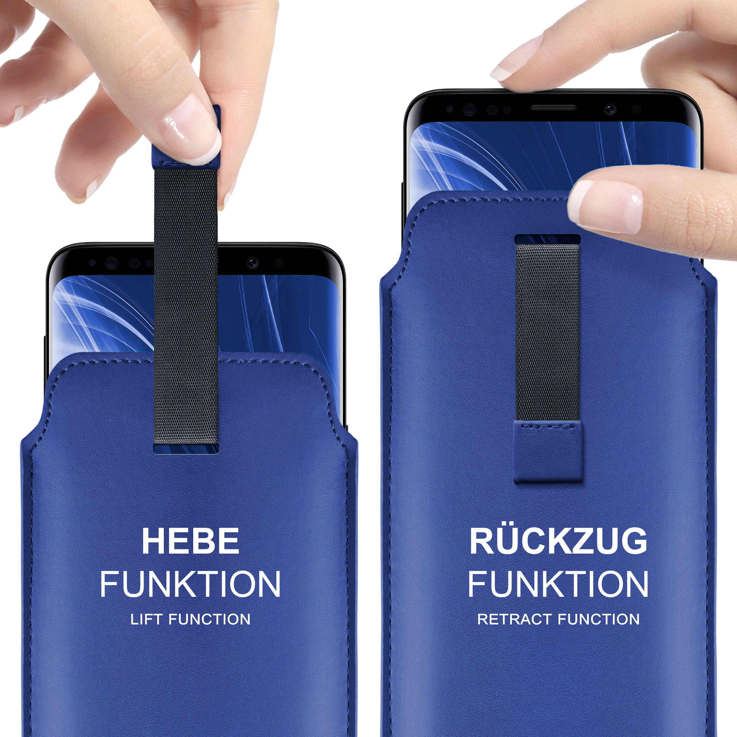 Zwei Telefone in blauen Hüllen. Eins mit Hebefunktion, das andere mit Rückzugsfunktion.