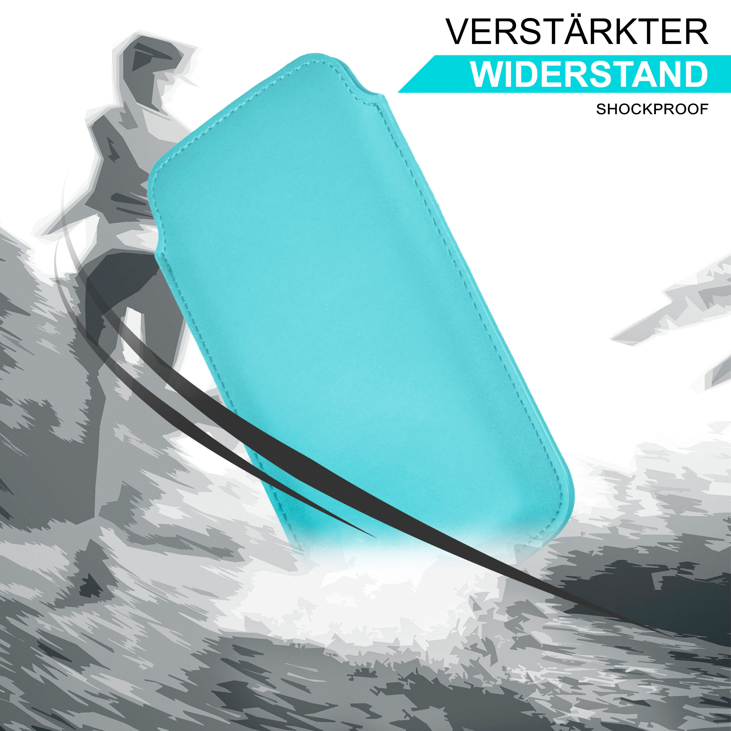 Eine hellblaue Handyhülle mit stoßfestem Design. Der Hintergrund zeigt ein dynamisches, graues Wellenmuster.