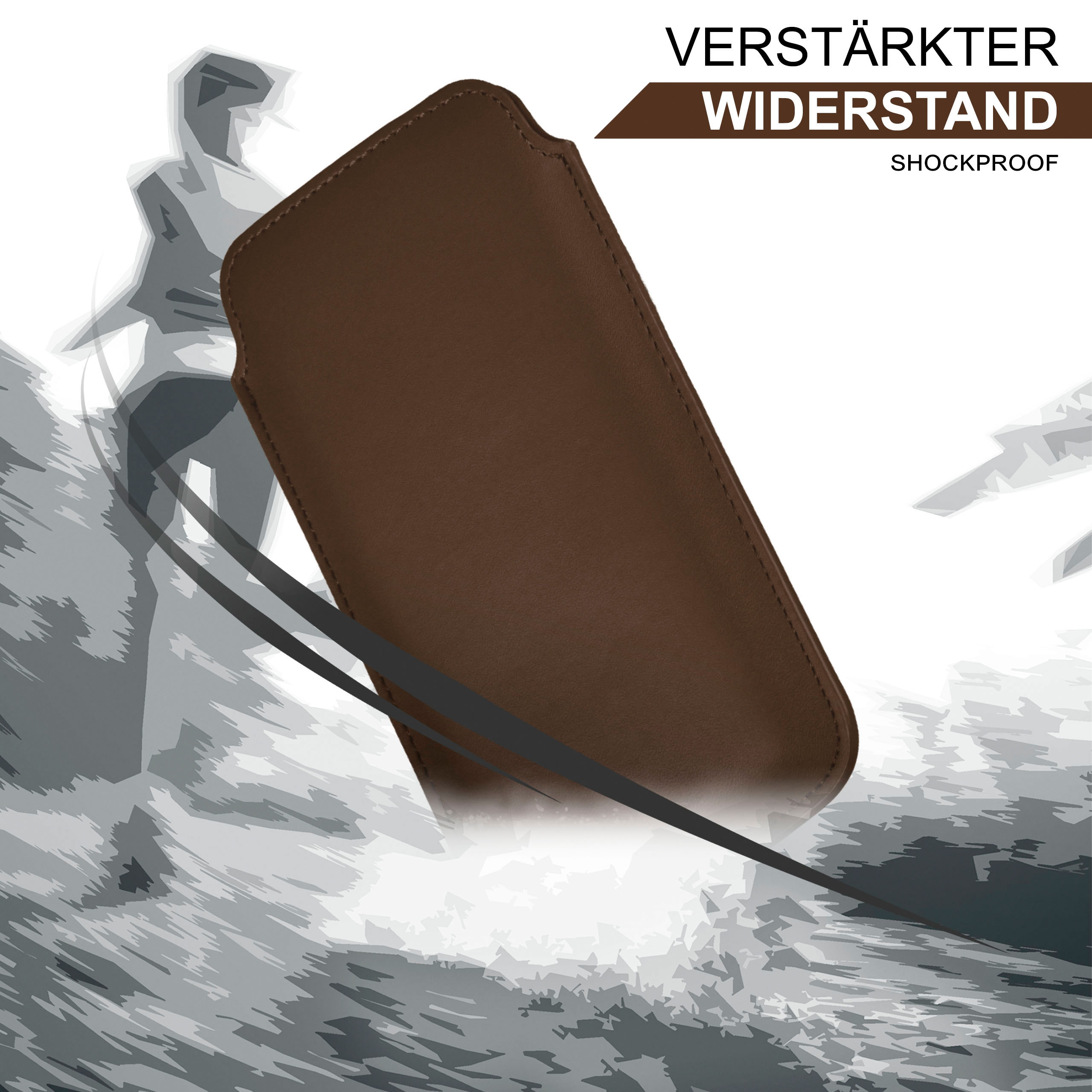 Braune Handyhülle mit Wellendesign. Die Hülle wirkt robust und bietet Stoßschutz.