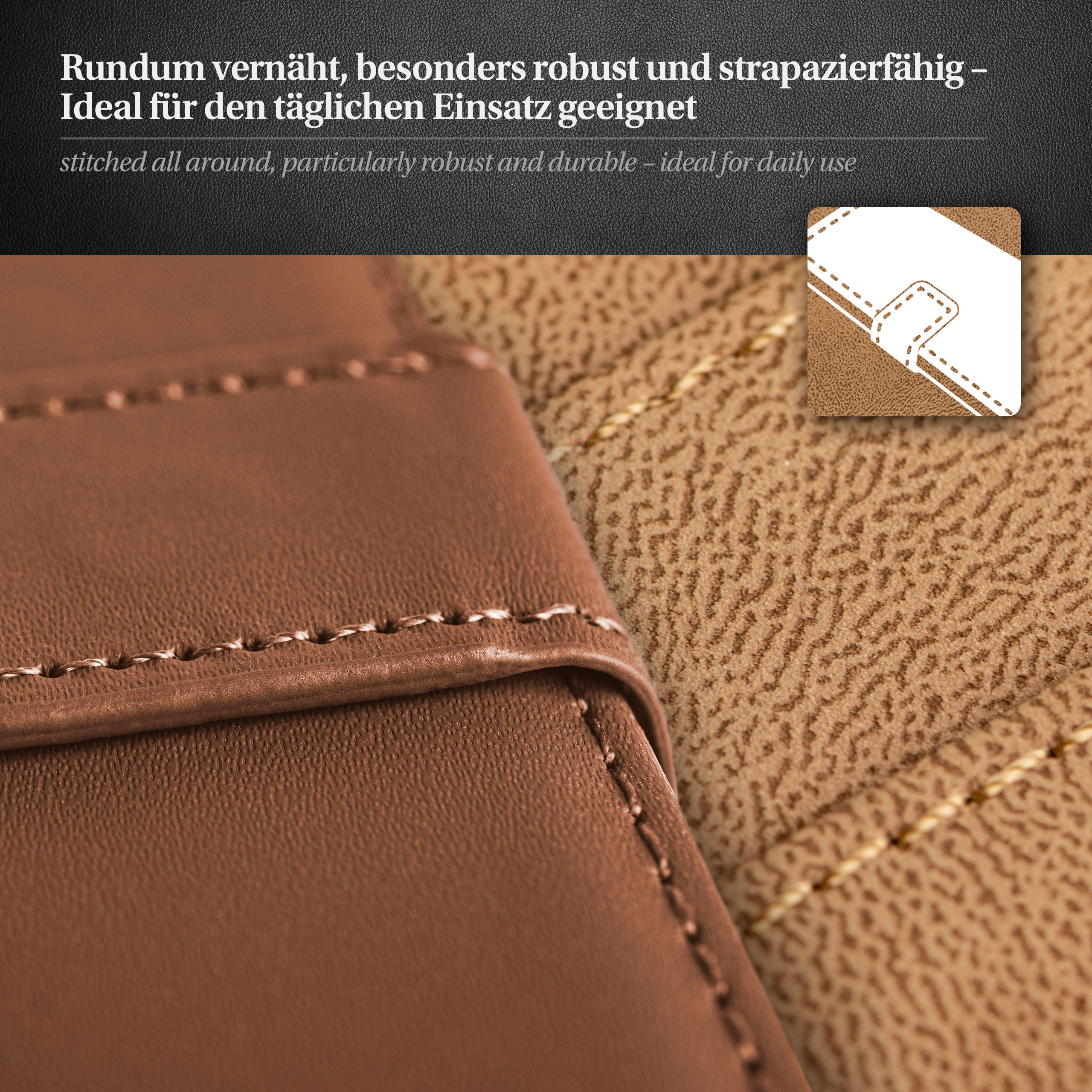 Nahaufnahme einer braunen Handyhülle mit Nähten, die die Textur und das Design der Hülle zeigt.