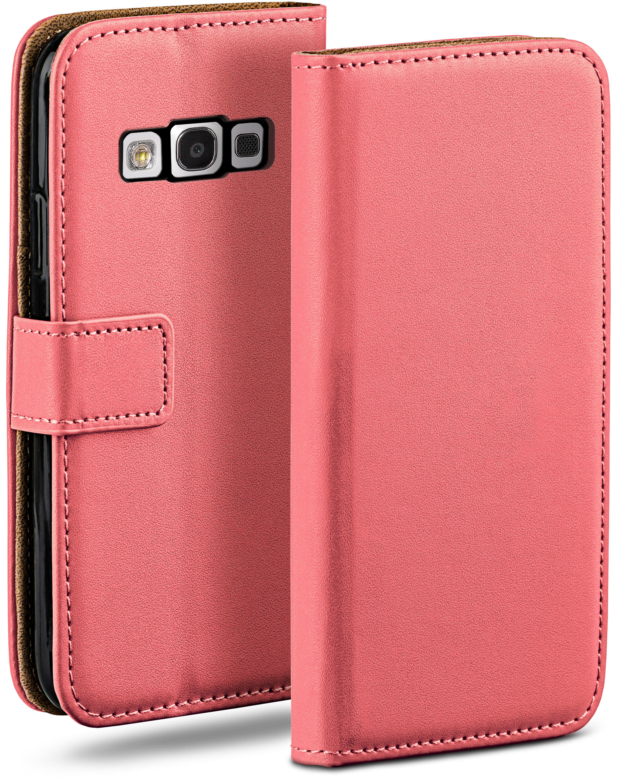 Pinkfarbene Handyhülle, geöffnet, um das Telefon zu zeigen. Brauner Innenraum, weißer Hintergrund.