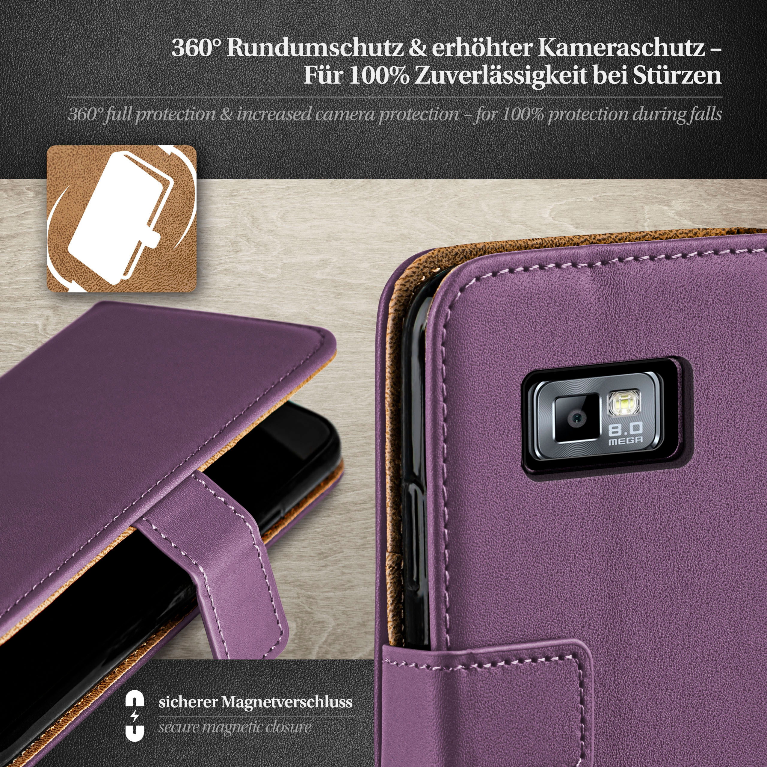 Eine lila Handyhülle mit einem schwarzen Telefon im Inneren, das die Kamera zeigt.