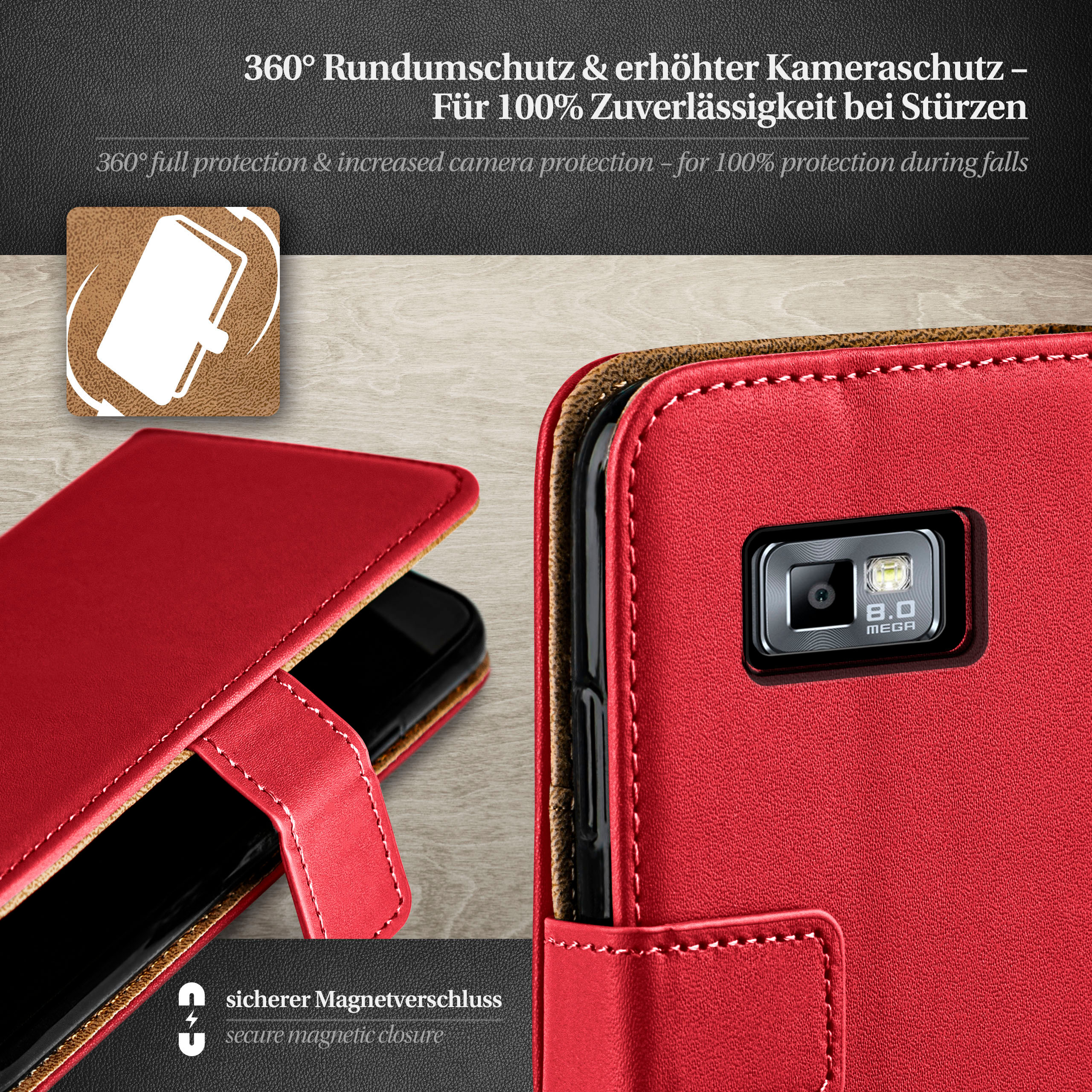 Rote Leder-Handyhülle mit Telefon, Kameradetail und Symbol für Magnetverschluss.