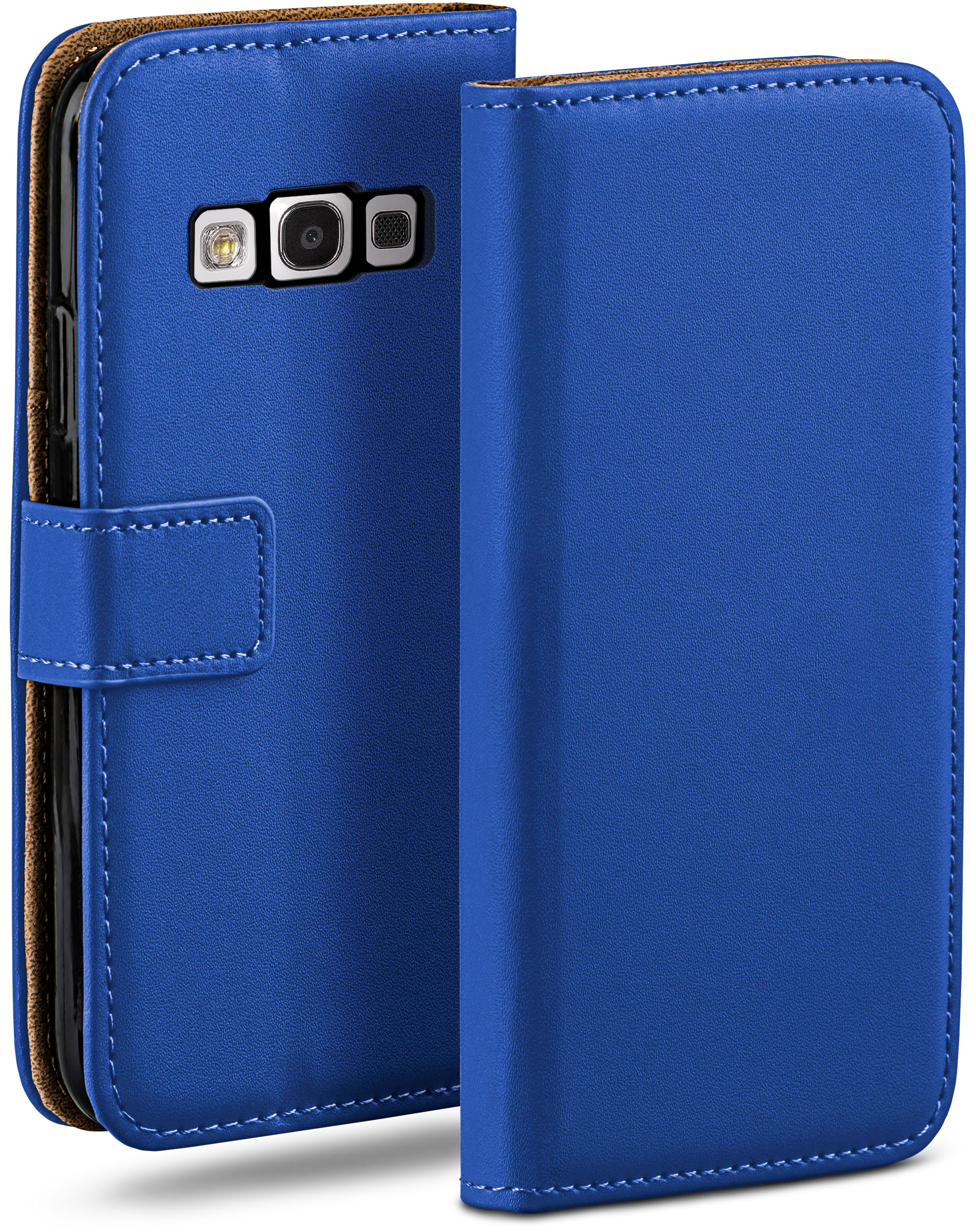 Eine blaue Handyhülle mit Knopfverschluss, die ein Telefon hält und eine hellbraune Innenseite hat.