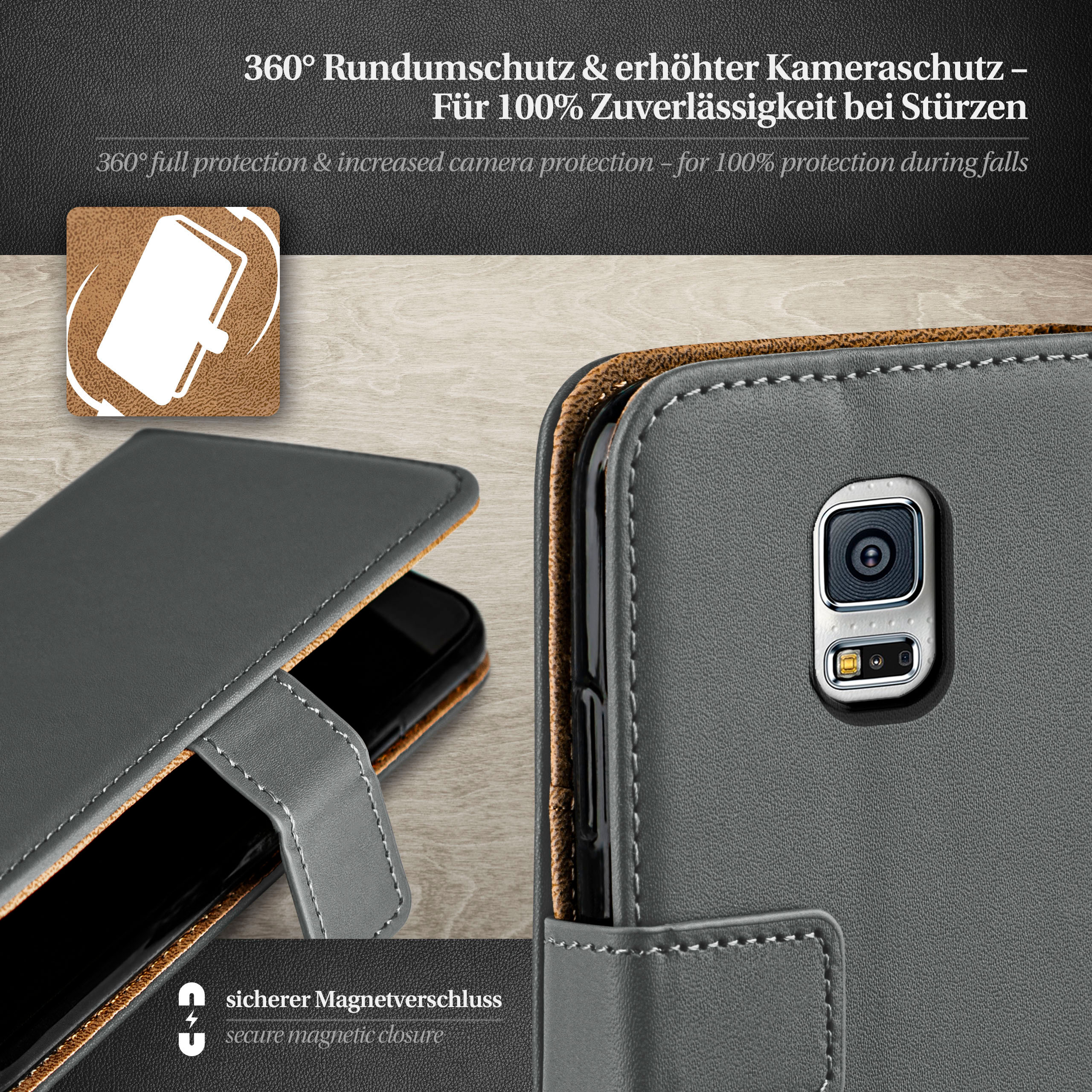 Case, Galaxy S5 MOEX Mini, Book Anthracite-Gray Bookcover, Samsung,