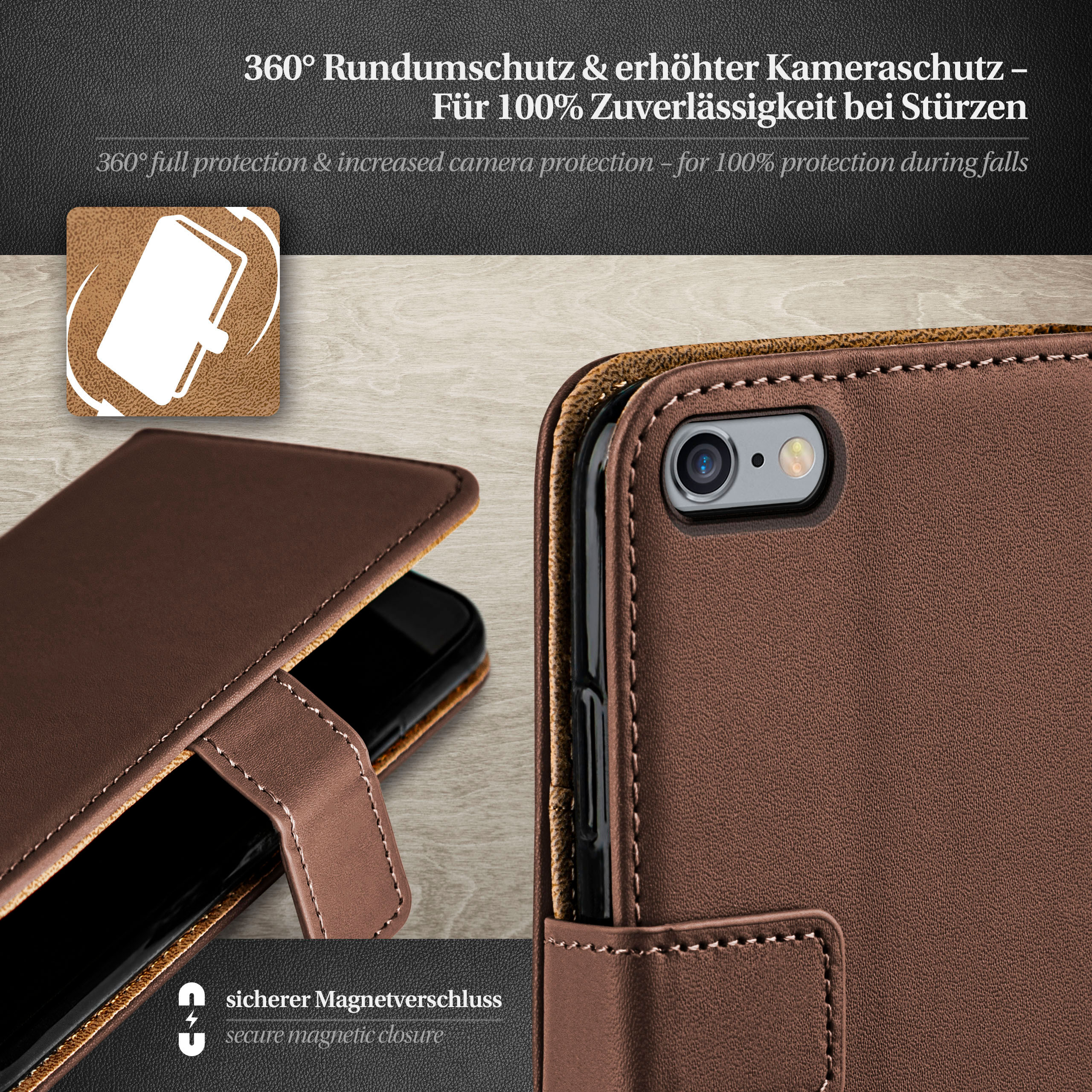Braune Leder-Handyhülle mit Telefon, zeigt 360° Schutz und Magnetverschluss.