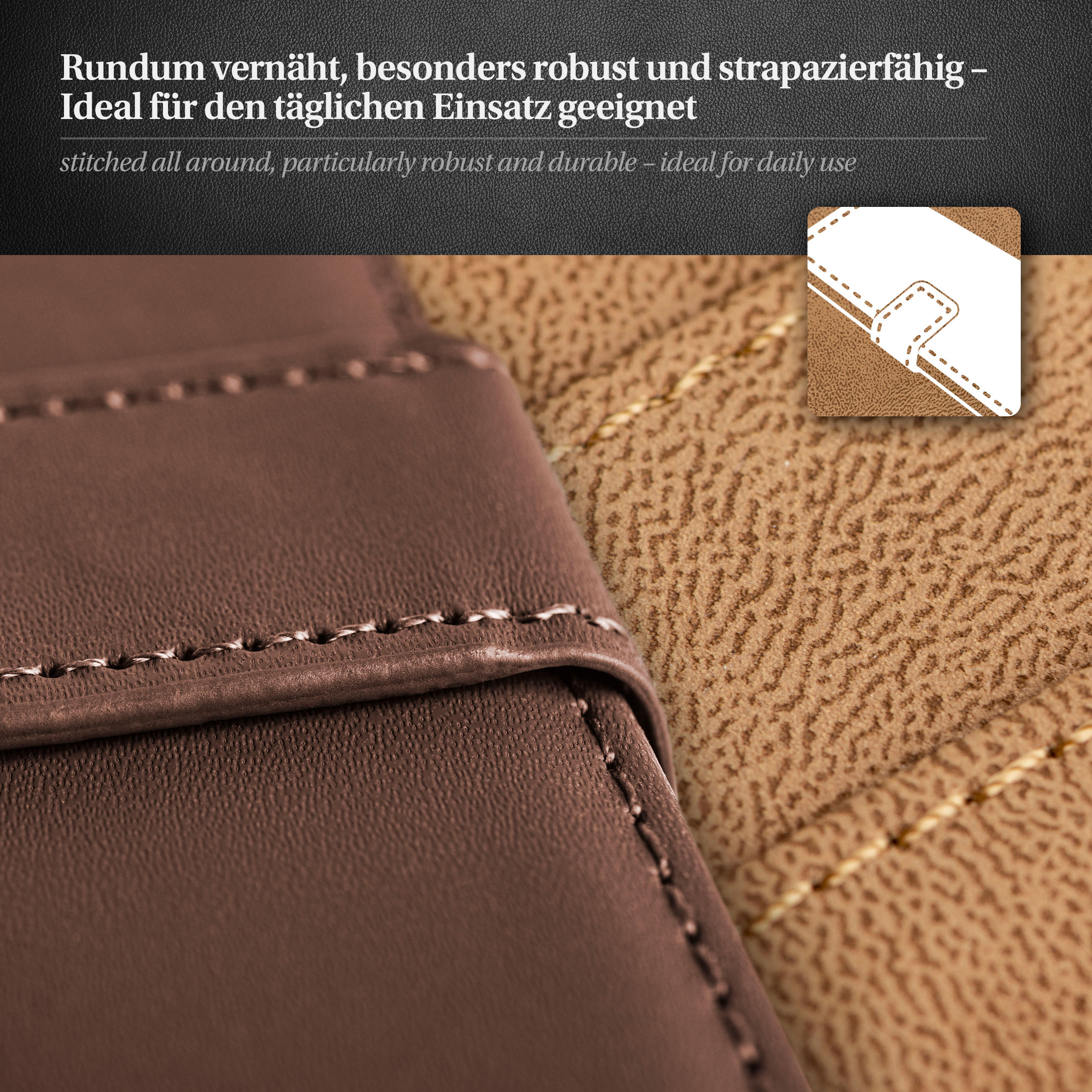 Nahaufnahme eines braunen Leder-Handycases mit weißen Nähten. Die Textur eines zweiten Stoffes ist sichtbar.