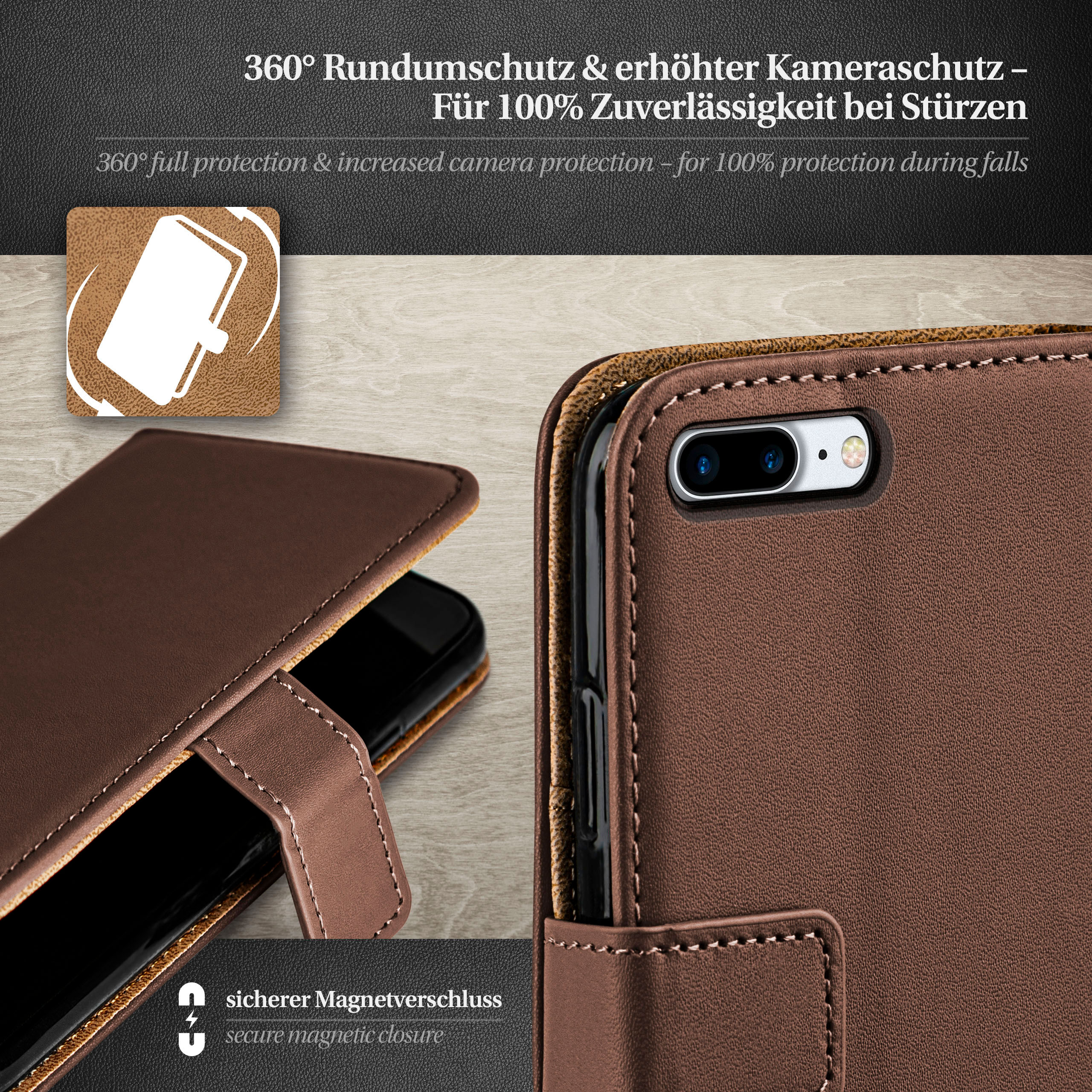 Eine braune Handyhülle, geöffnet, mit Blick auf das Telefon im Inneren. Nahaufnahme. Holzuntergrund.