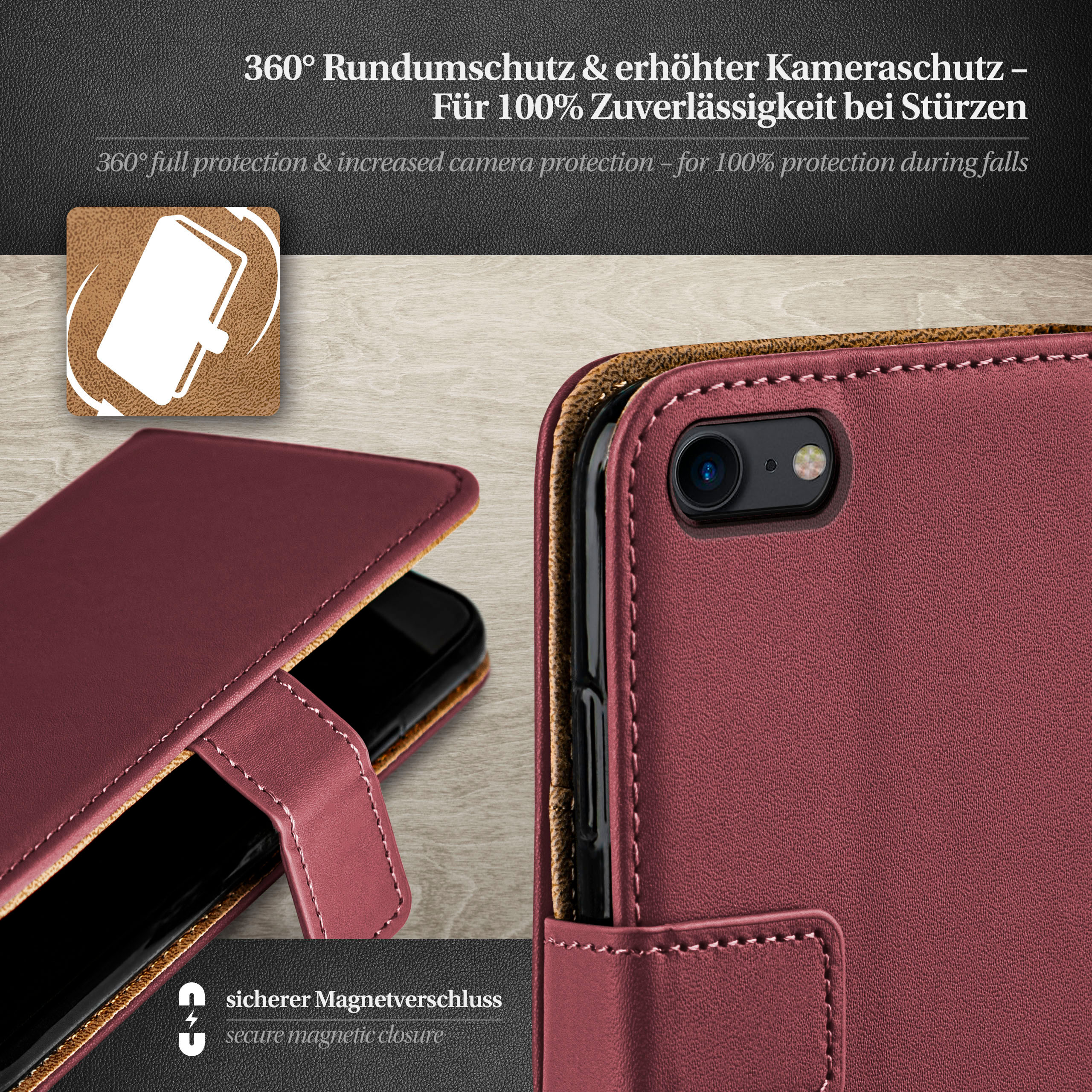 Eine rote Telefonhülle mit einem Telefon darin, die ein 360°-Schutzdesign für Stürze zeigt.
