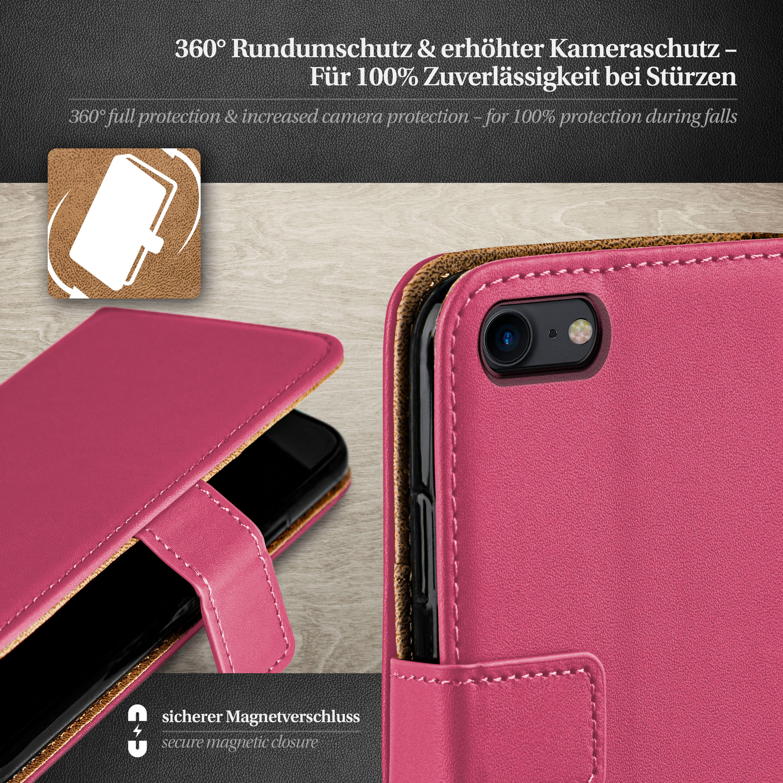 Rosa Handyhülle, geschlossen, mit Telefon.