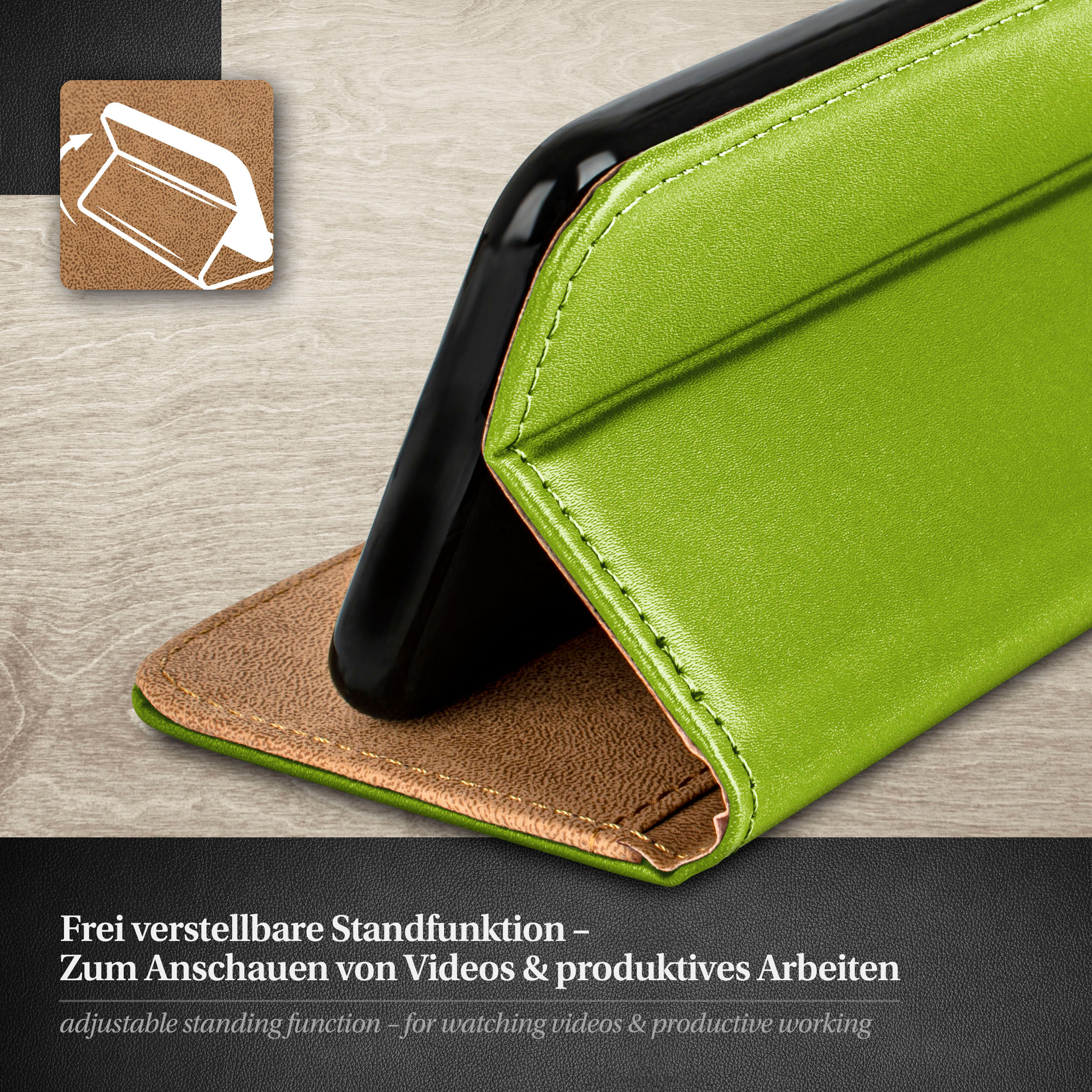 Grüne Handyhülle mit Telefon darin, angewinkelt. Braunes Leder und Text sind vorhanden.