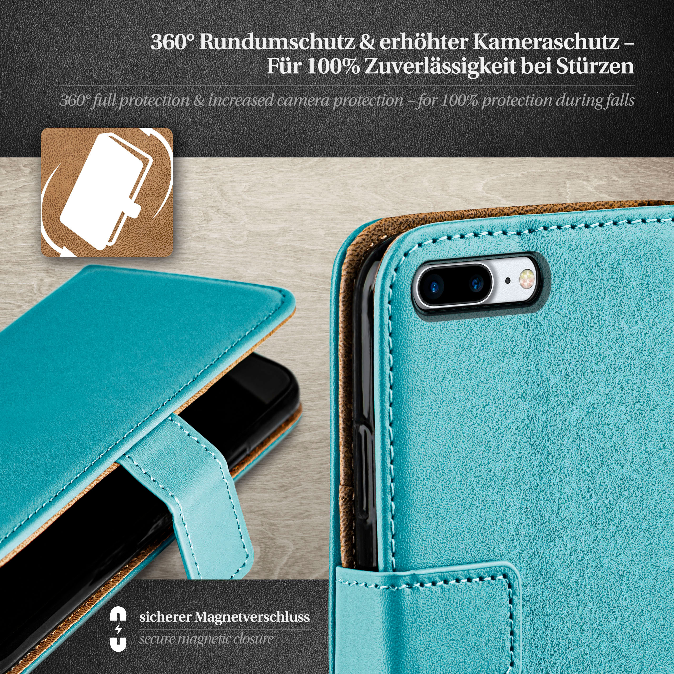Blaue Smartphone-Hülle offen, ein Telefon innen zeigend. Die Hülle ist türkis.