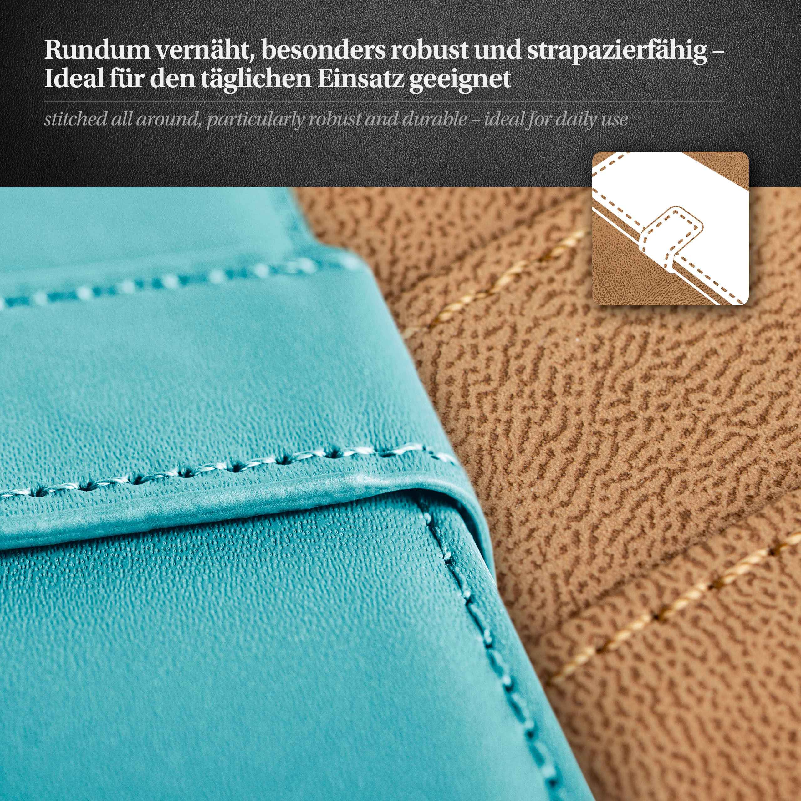 Nahaufnahme einer türkis-braunen Hülle. Weiße Nähte und strukturiertes Leder sichtbar.