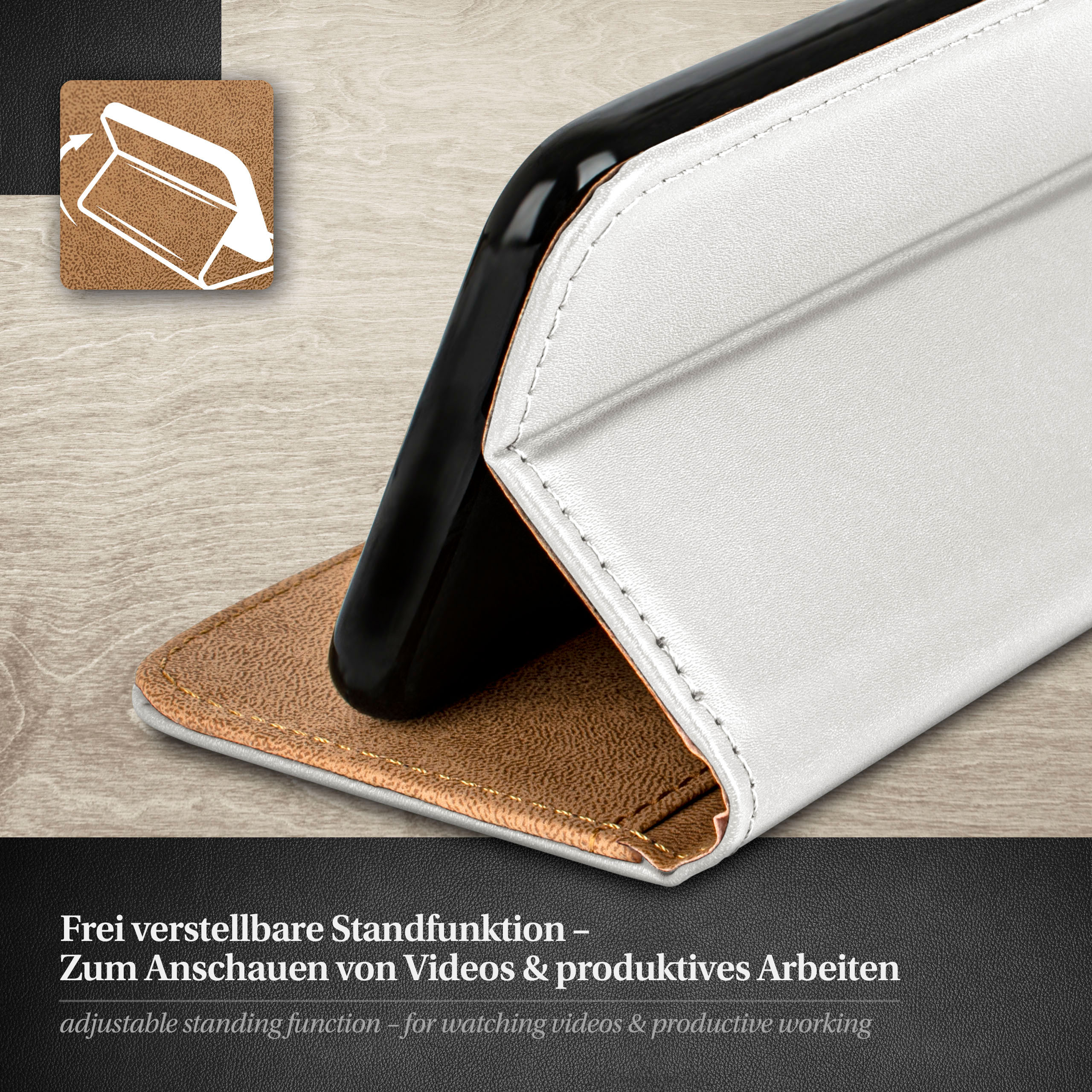 Weiße Handyhülle, die ein schwarzes Telefon stützt. Braune Innenseite. In einem Winkel angezeigt.