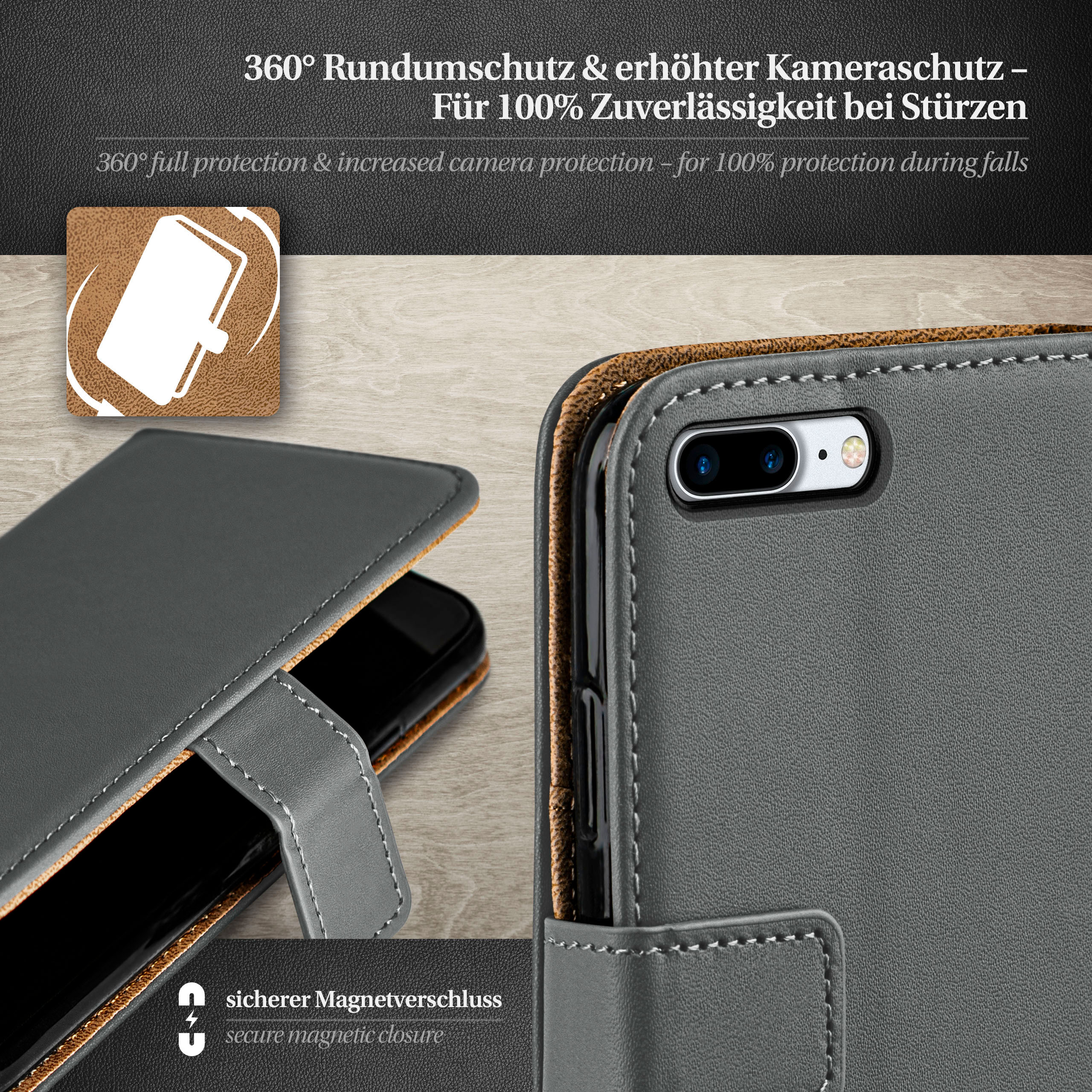 Graue Handyhülle mit Telefon darin. Die Hülle hat einen Magnetverschluss. Nahaufnahme.