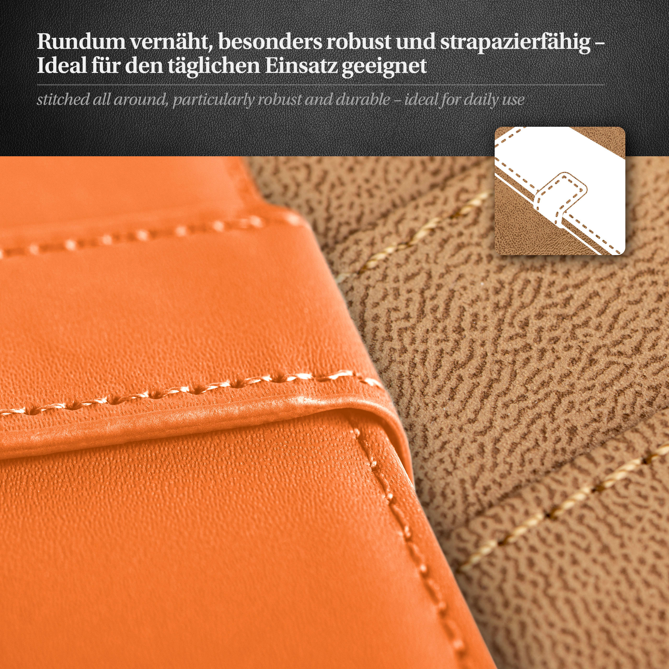 Nahaufnahme von genähten Kanten auf einer orangefarbenen und beigen Handyhülle mit deutschem Text.