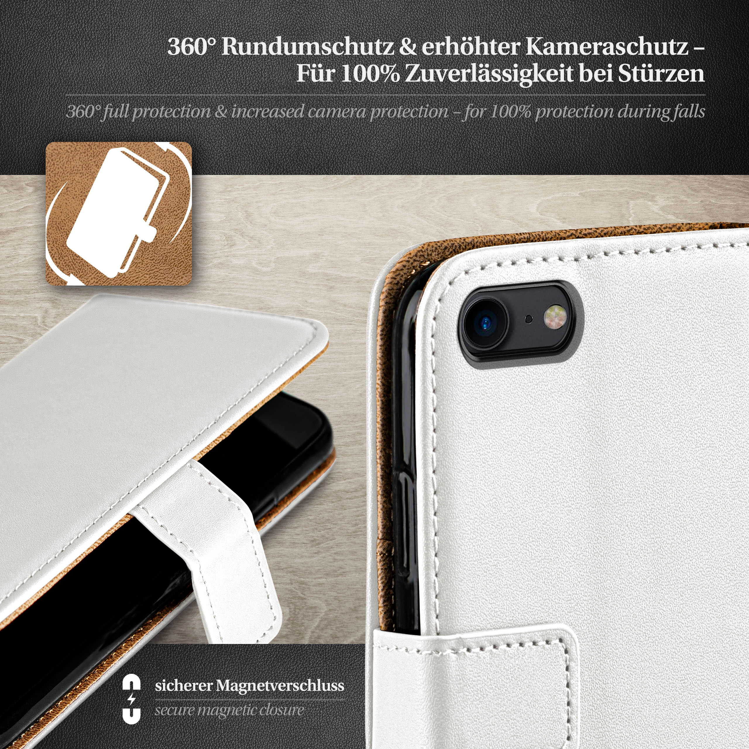 Weiße Handyhülle mit Telefon, mit schwarzer Kamera. Brauner Hintergrund.
