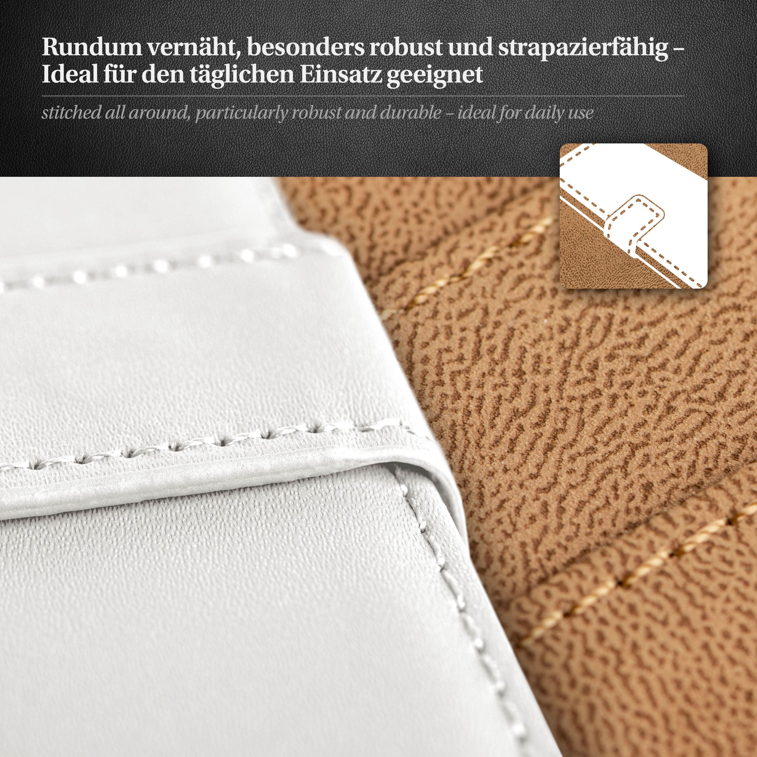 Weiße Handyhülle mit detaillierten Nähten auf strukturierter brauner Oberfläche. Text: Rundum vernäht.