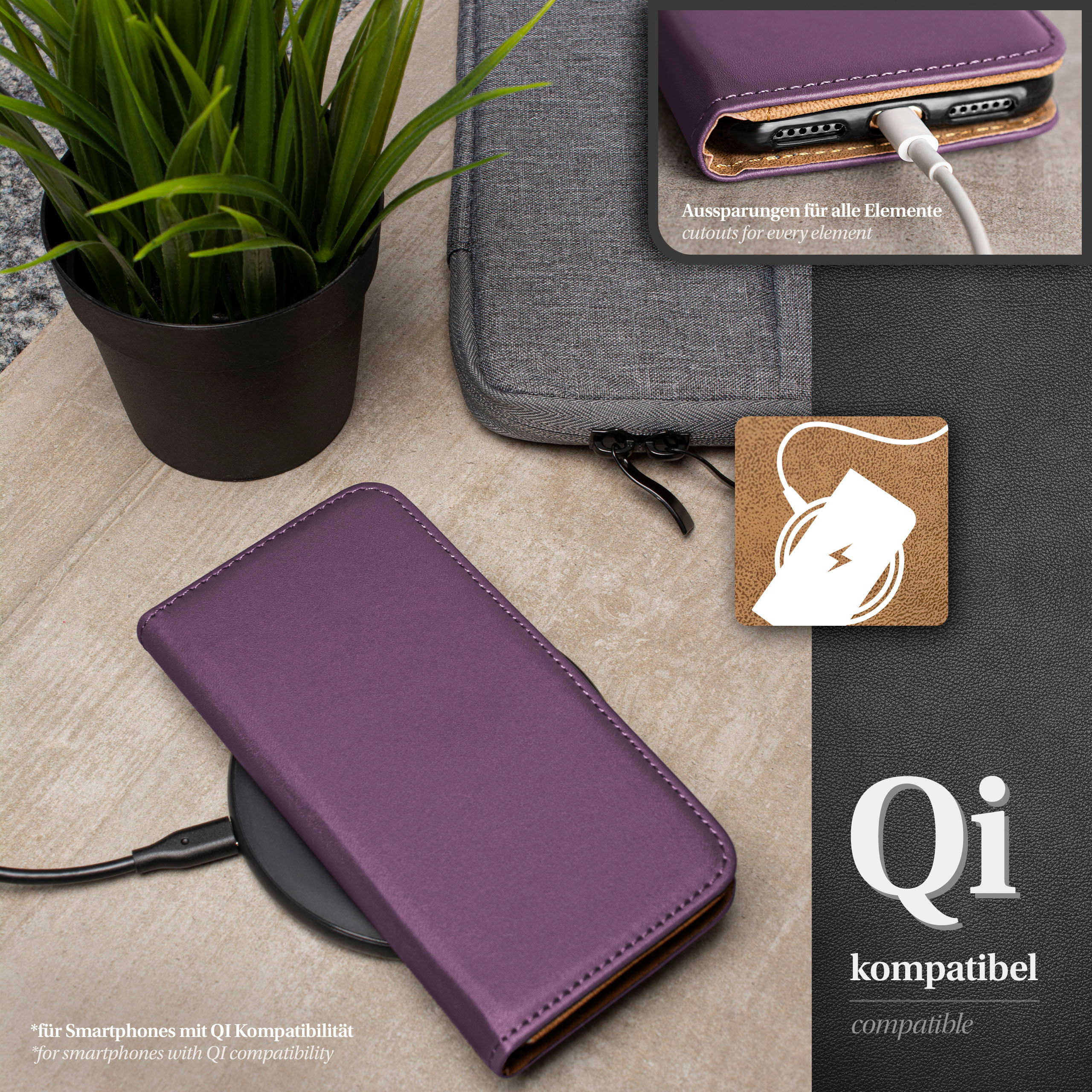 Lila Handyhülle, Pflanze und kabelloses Ladegerät. Text: Qi-kompatibel.