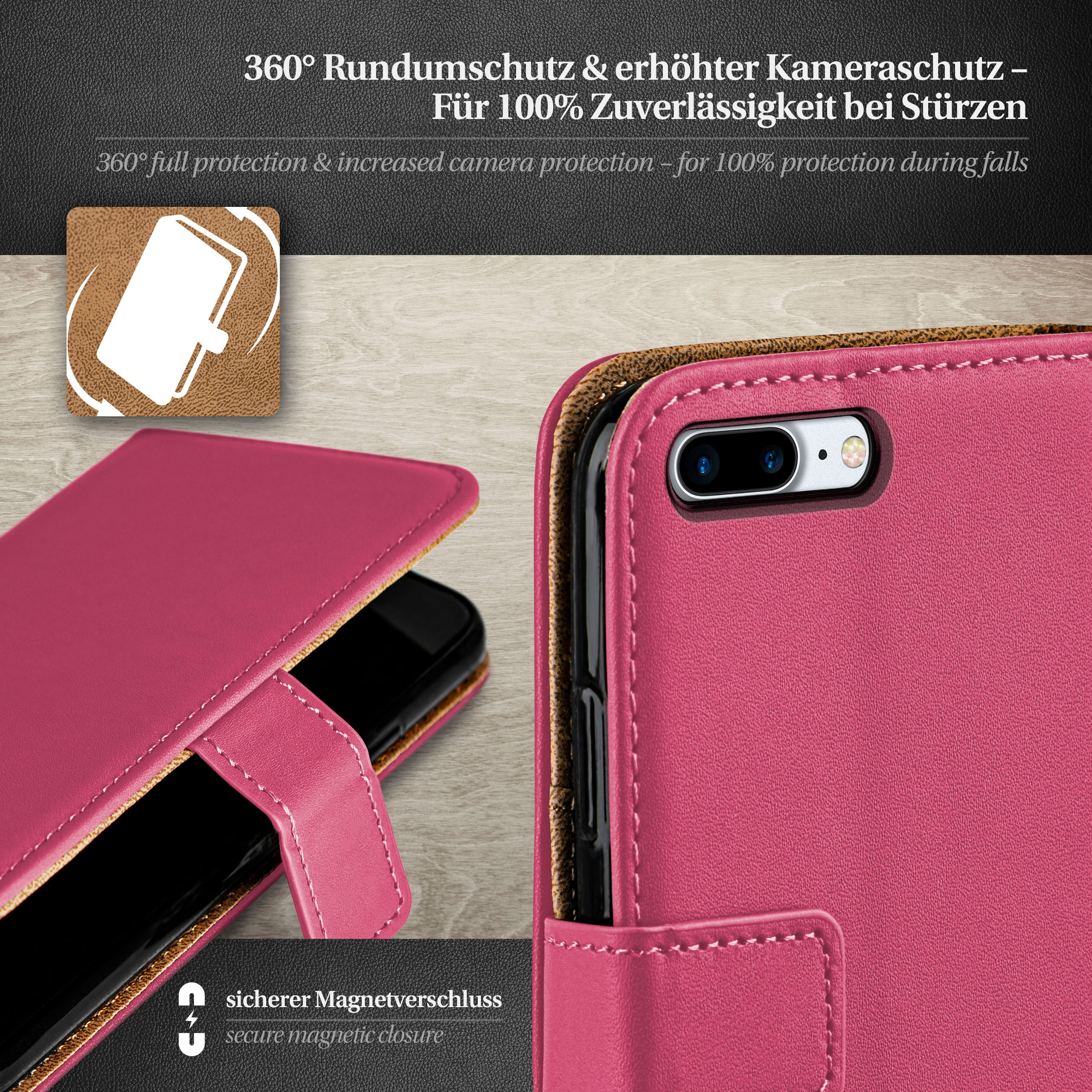 Geöffnete pinke Handyhülle mit Telefon. Ein magnetischer Verschluss.