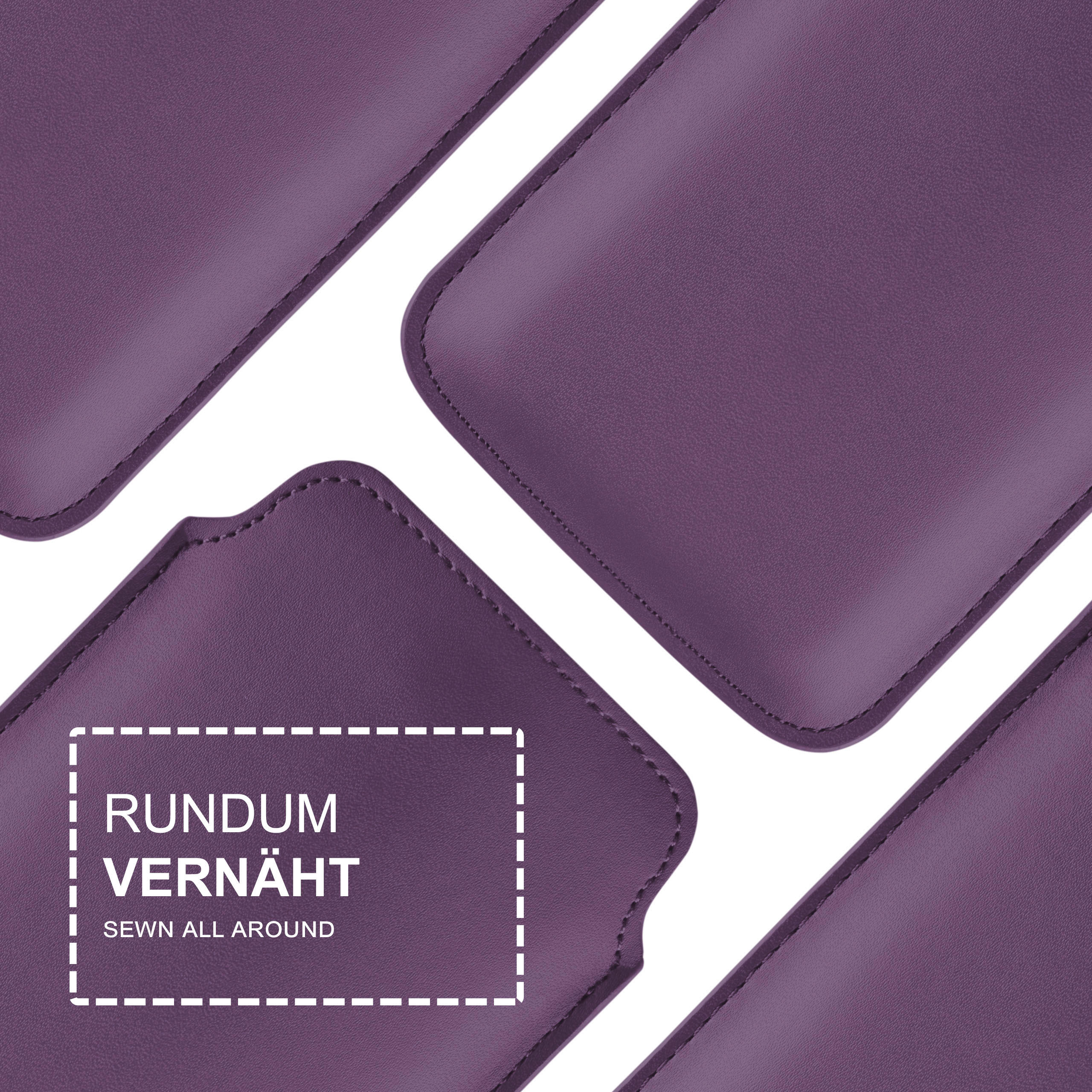 Nahaufnahme von lila Handyhüllen. Text: Rundum vernäht.