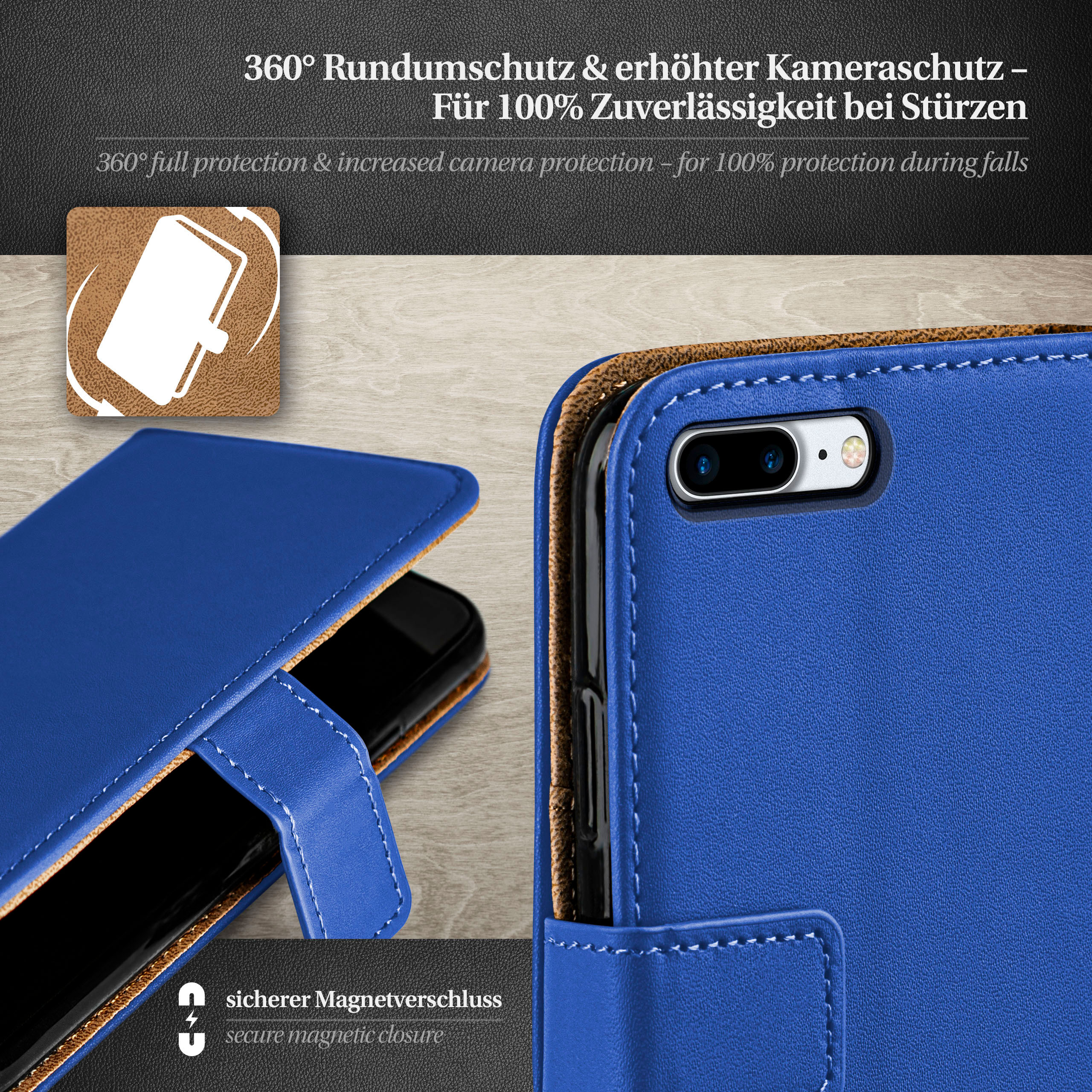 Blaue Handyhülle offen mit Telefon. Die Hülle hat Magnetverschluss.