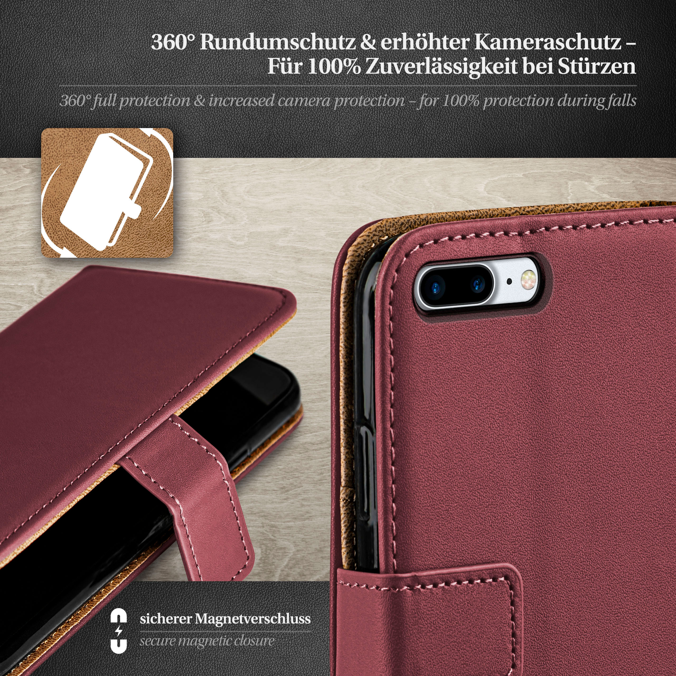 Bordeauxfarbene Handyhülle mit Telefon, sicherer Magnetverschluss und 360° Schutz.