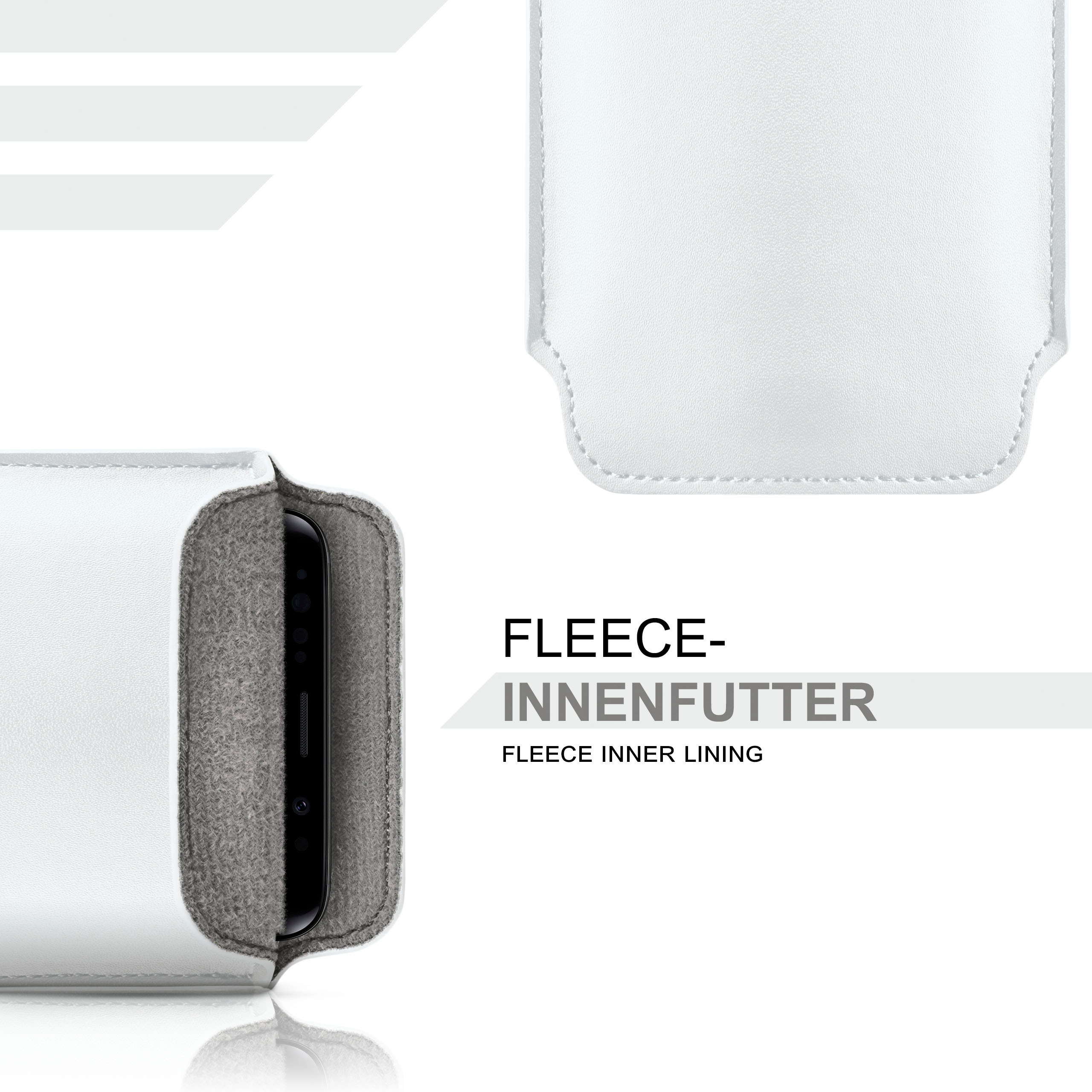 Weißes Telefonetui mit grauem Fleecefutter, schwarzes Telefon darin. Text: Fleece Innenfutter.